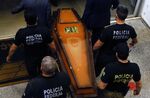 One of the coffins containing human remains found during the search for&nbsp;Dom Phillips and Bruno Pereira at the Federal Police hangar in Brasilia, on June 16.