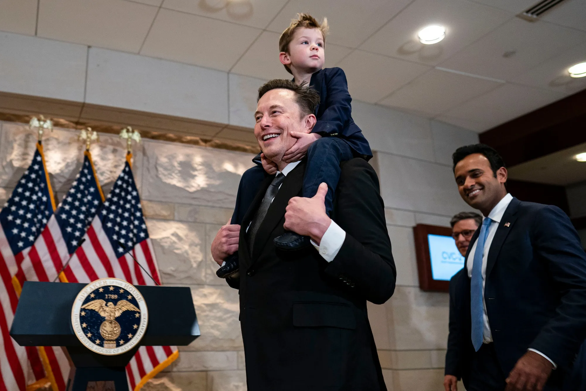 Elon Musk, US House Speaker Mike Johnson and Vivek Ramaswamy, chairman and co-founder of Strive Asset Management, arrive for a meeting on Capitol Hill in Washington, DC, on&nbsp;Dec. 5.