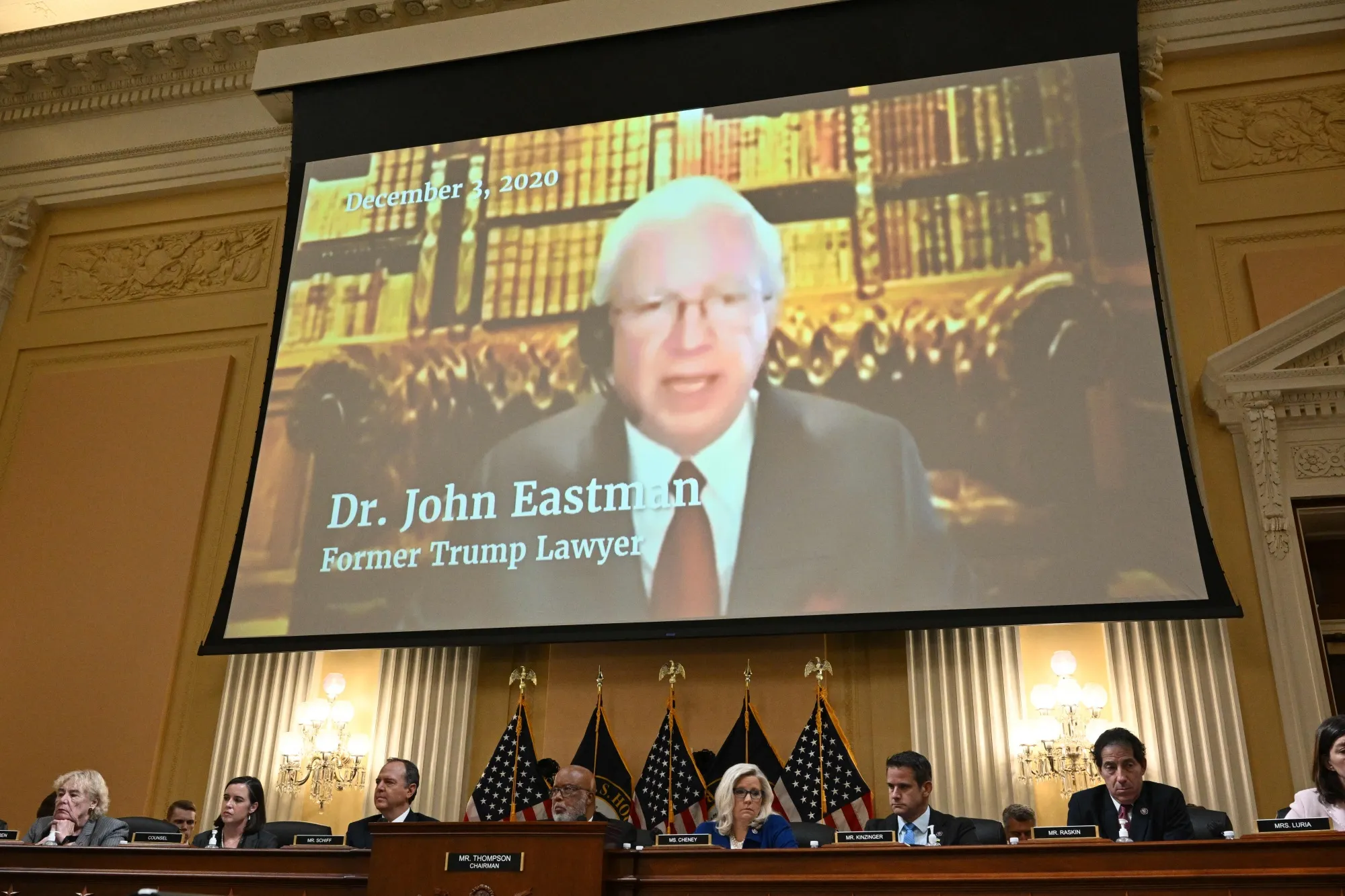 John Eastman on screen during a House Select Committee hearing.