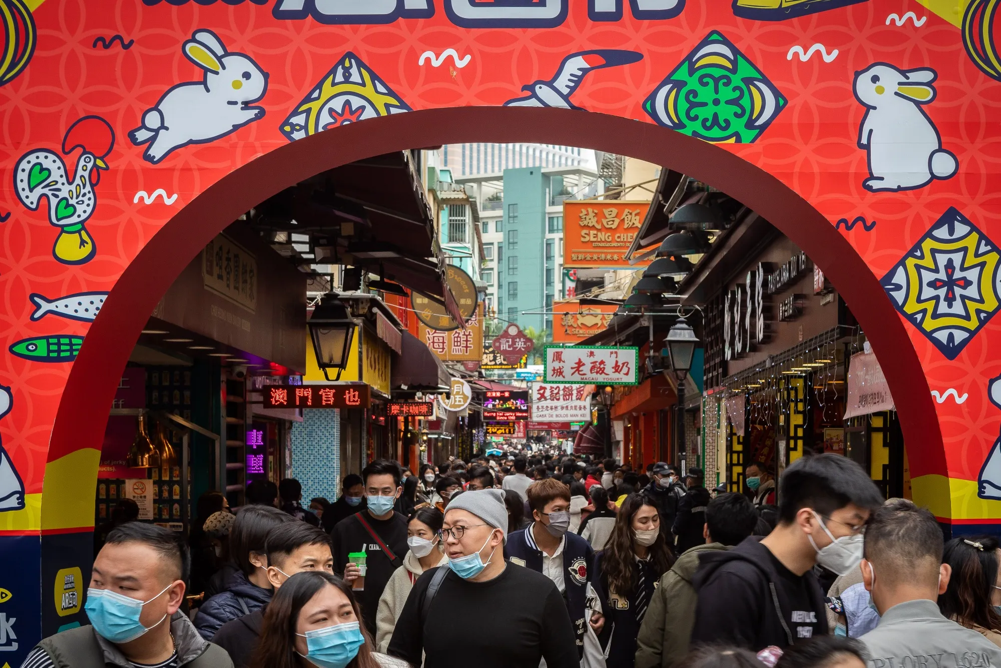 Visitors on Central Street of the Taipa Village in Macau, China.