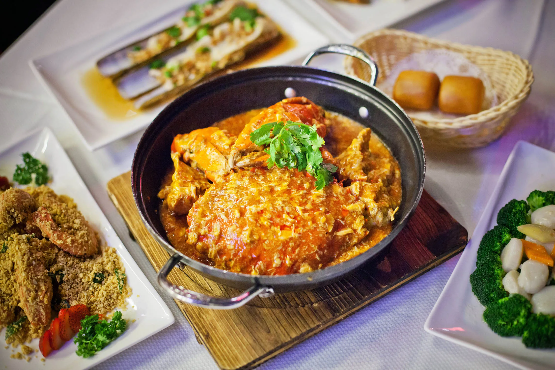 A dish of chili crab at the Jumbo Seafood Riverside restaurant in Singapore.
