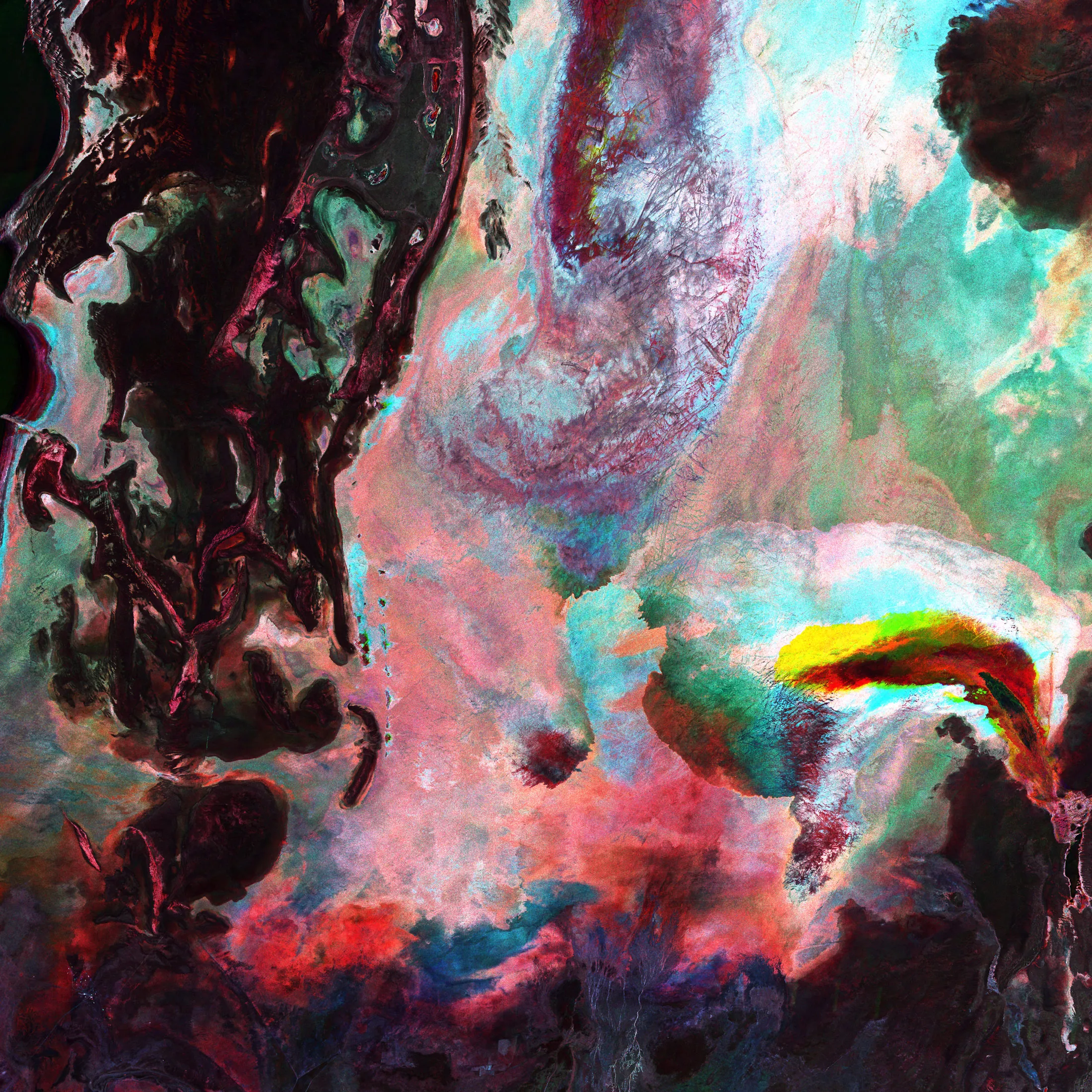 This image of the Aral Sea, located on the border between Kazakhstan and Uzbekistan in Central Asia was created by combining three radar scans from Sentinel-1a. Different colours represent changes between the acquisitions.
