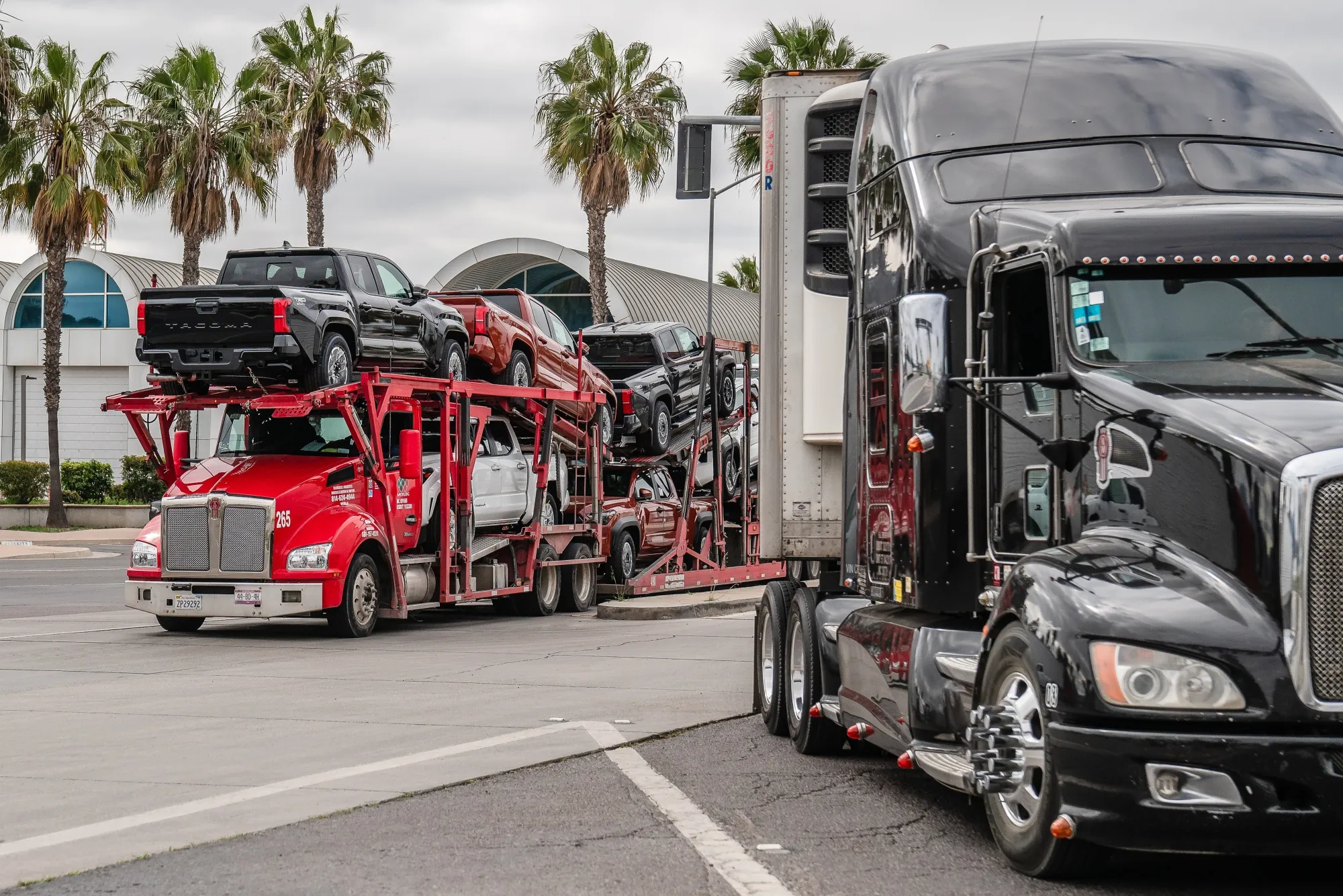 A semi-truck carrying new vehicles at the Otay Mesa port of entry in San Diego, California.