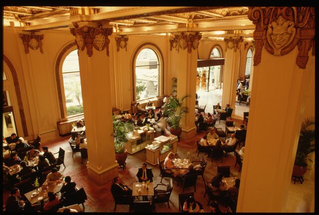 Afternoon tea in the opulent lobby of the Peninsula Hotel, 1991.