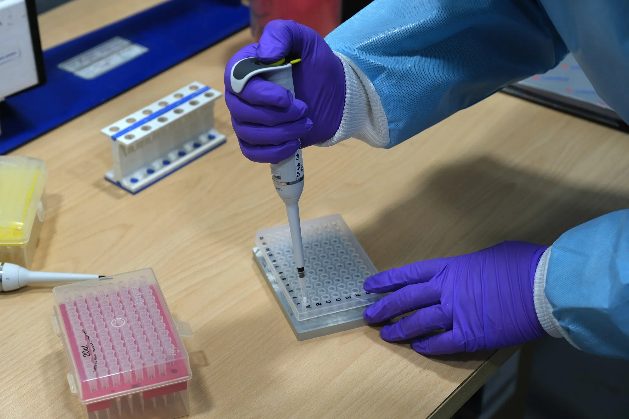 A healthcare worker processes Covid-19 tests at a SpiceHealth laboratory&nbsp;at Indira Gandhi International Airport in New Delhi.