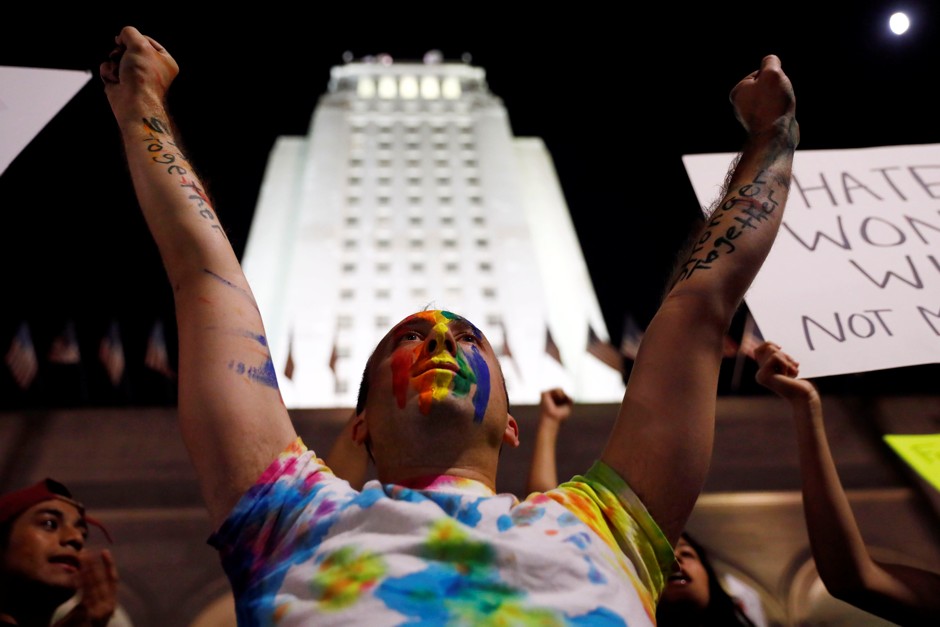More power to city hall: A protester in Los Angeles after the presidential election in November. 