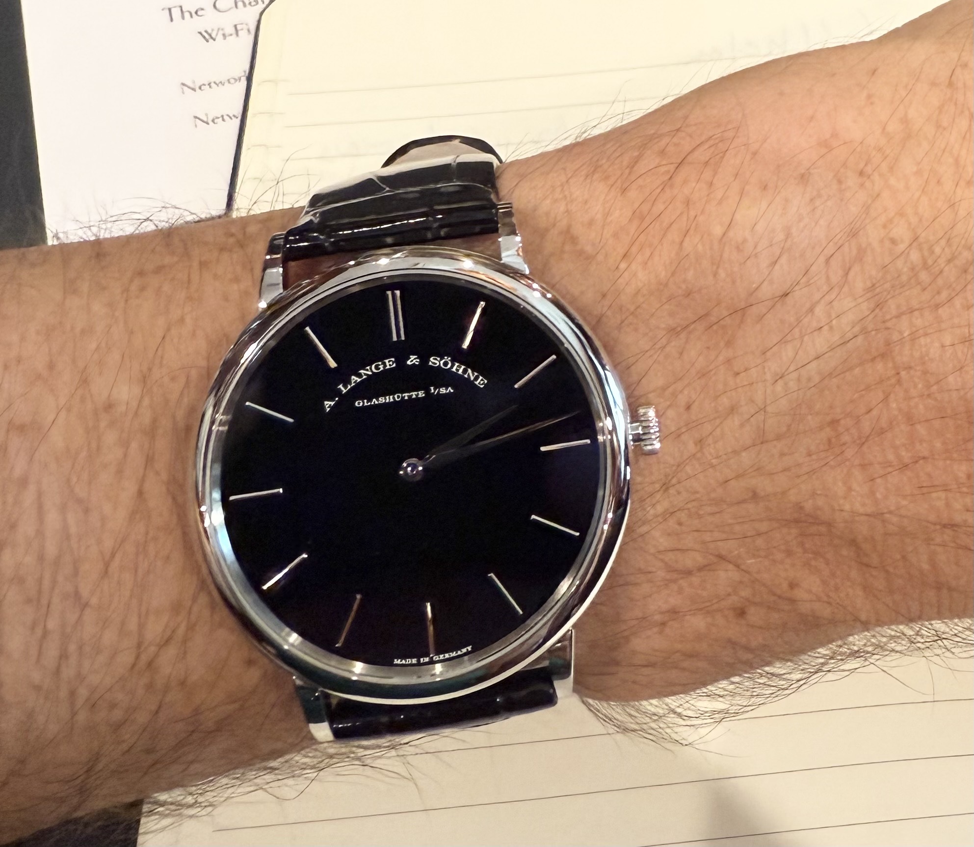 I got to try on the new A. Lange &amp;amp; Soehne Saxonia Thin, which debuted at the Concours. This is the version in 950 platinum with an onyx dial. There is also one in the brand’s proprietary honeygold. Both are limited to 200 versions and are price upon request. Photographer: Chris Rovzar&#x2F;Bloomberg