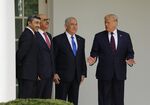 Donald Trump, Benjamin Netanyahu, Abdullah bin Zayed bin Sultan Al Nahyan and Abdullatif Al-Zayani on the South Lawn of the White House on Sept. 15.