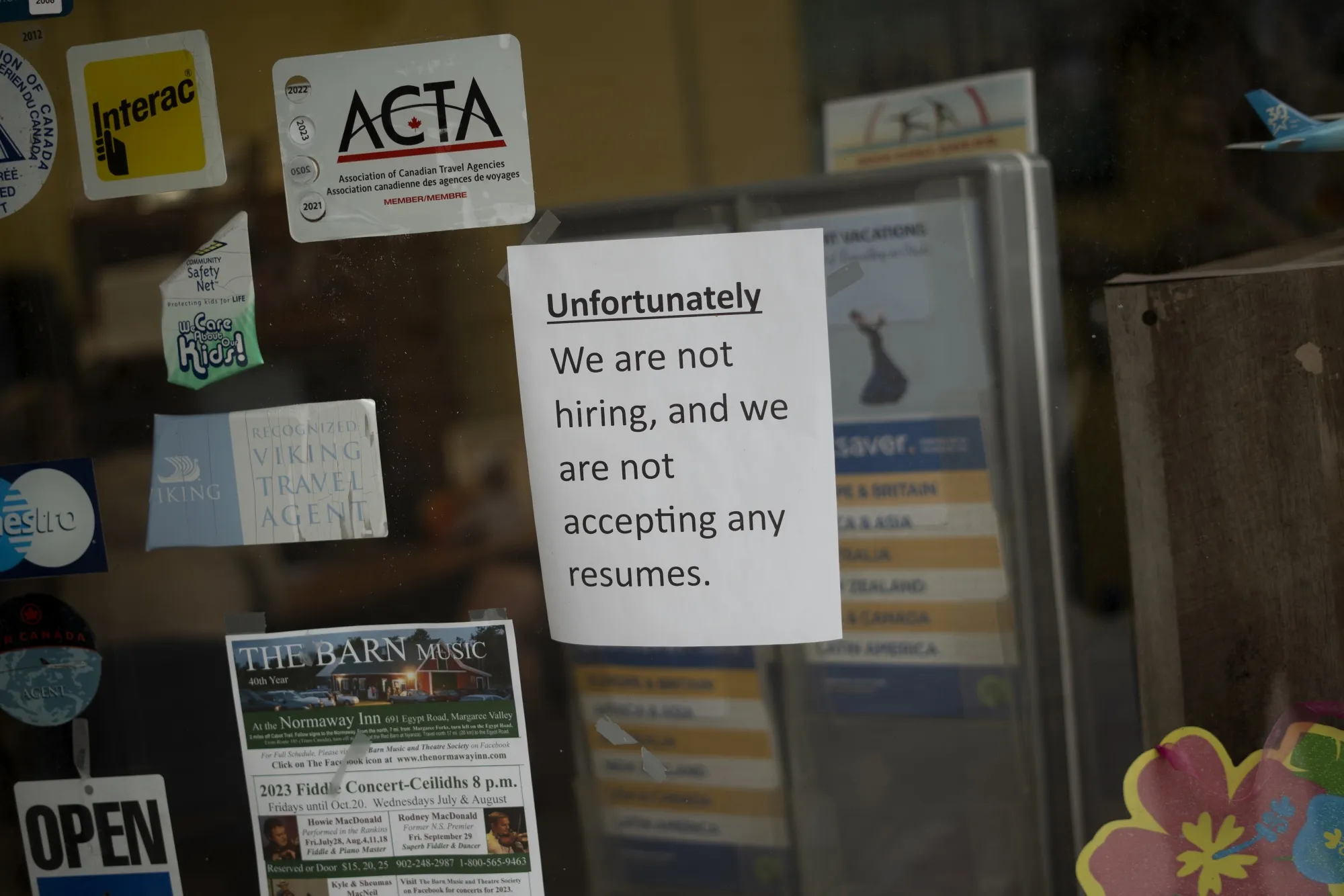 A sign informing job-seekers of no employment outside a store in Sydney, Nova Scotia.
