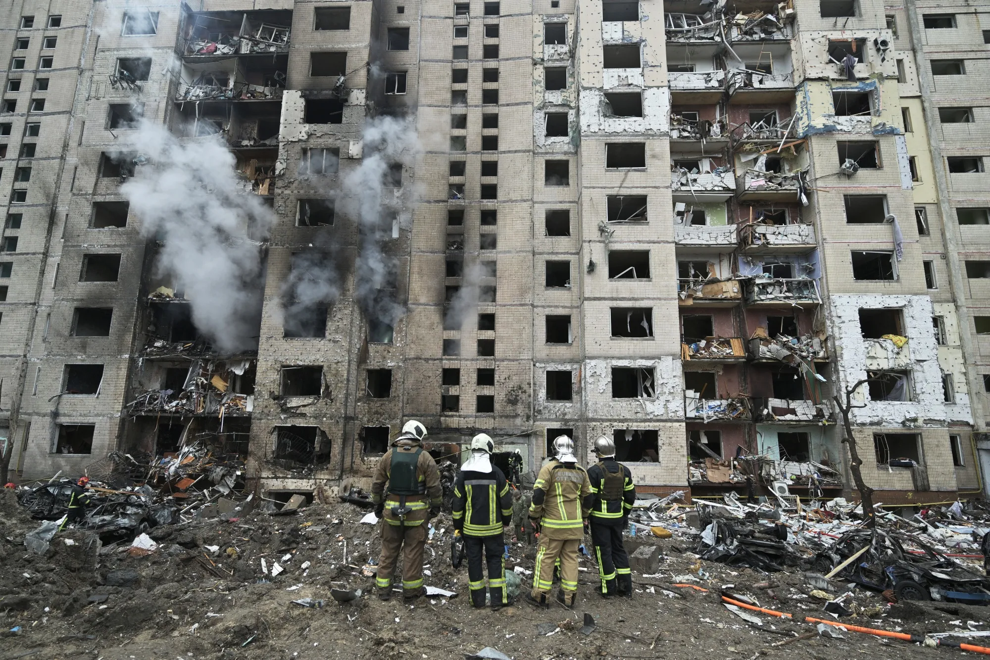 A&nbsp;residential building destroyed by a missile attack in central Kyiv.