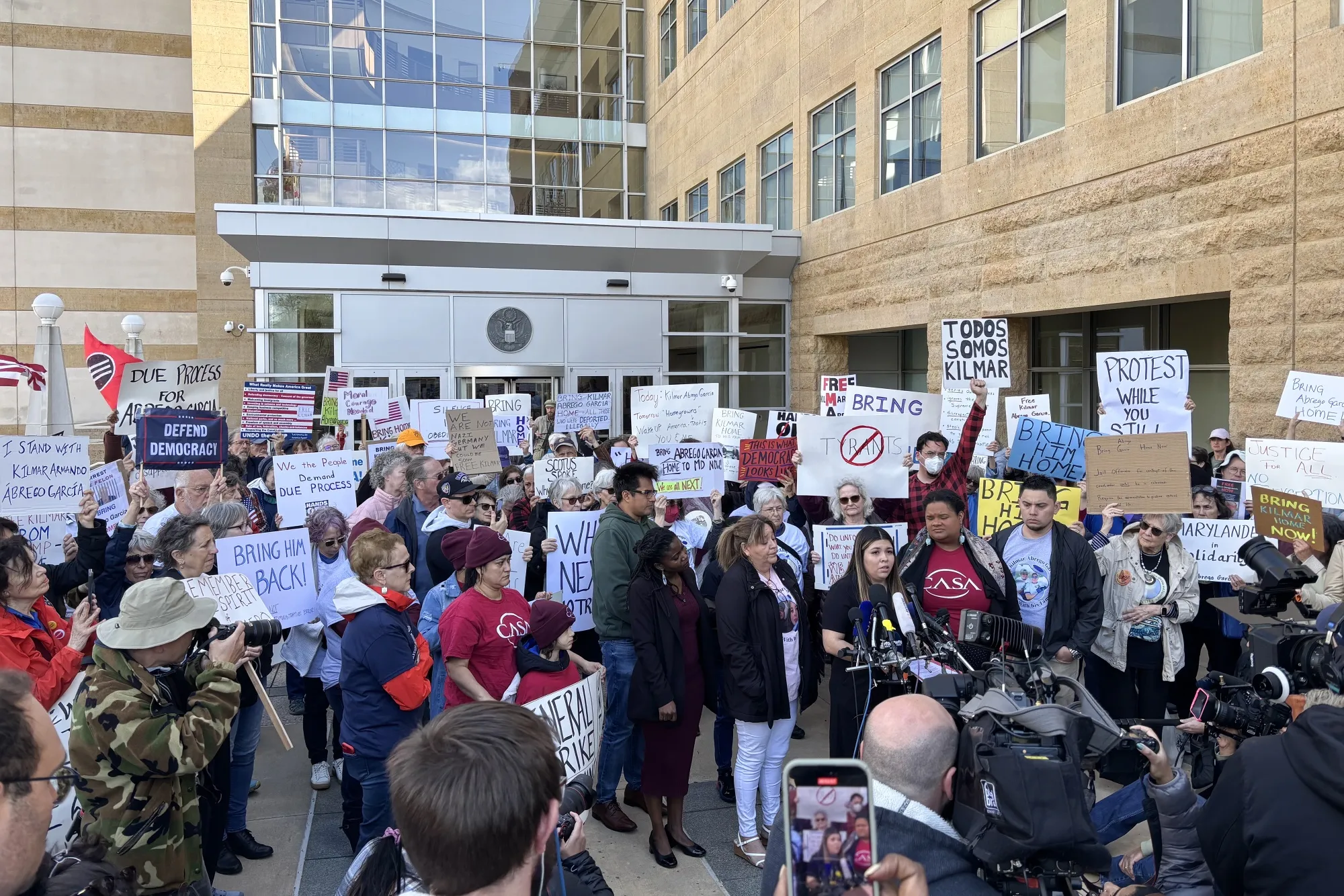 Jennifer Vasquez Sura, wife of Kilmar Abrego Garcia,&nbsp;speaks outside the US District Courthouse in Greenbelt, Maryland, on April 15.