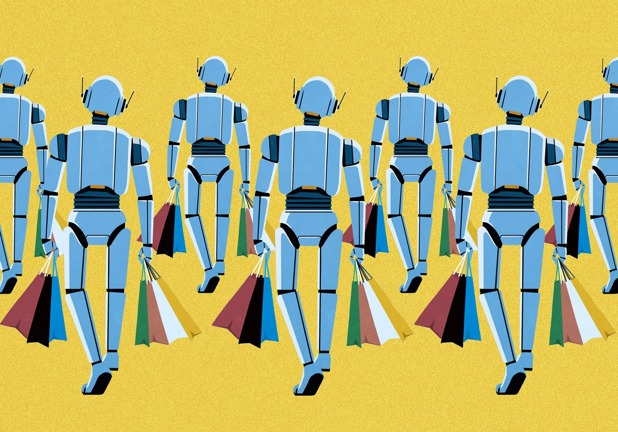 Humanoid robot walking with shopping bags on blue background