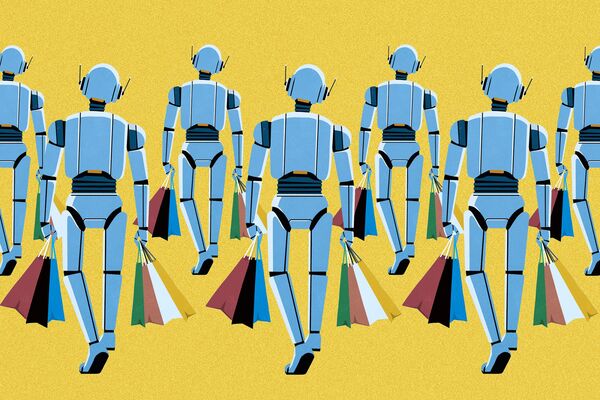 Humanoid robot walking with shopping bags on blue background