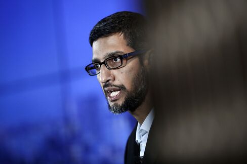 Sundar Pichai, chief executive officer of Google Inc., speaks during an event at Google's Kings Cross office in London, U.K., on Tuesday, Nov. 15, 2016. After being criticized for not paying its fair share of British tax, Alphabet Inc.s Google unit is trying to show its a good corporate citizen by offering five hours of free digital skills training to all U.K. residents. Photographer: Simon Dawson/Bloomberg