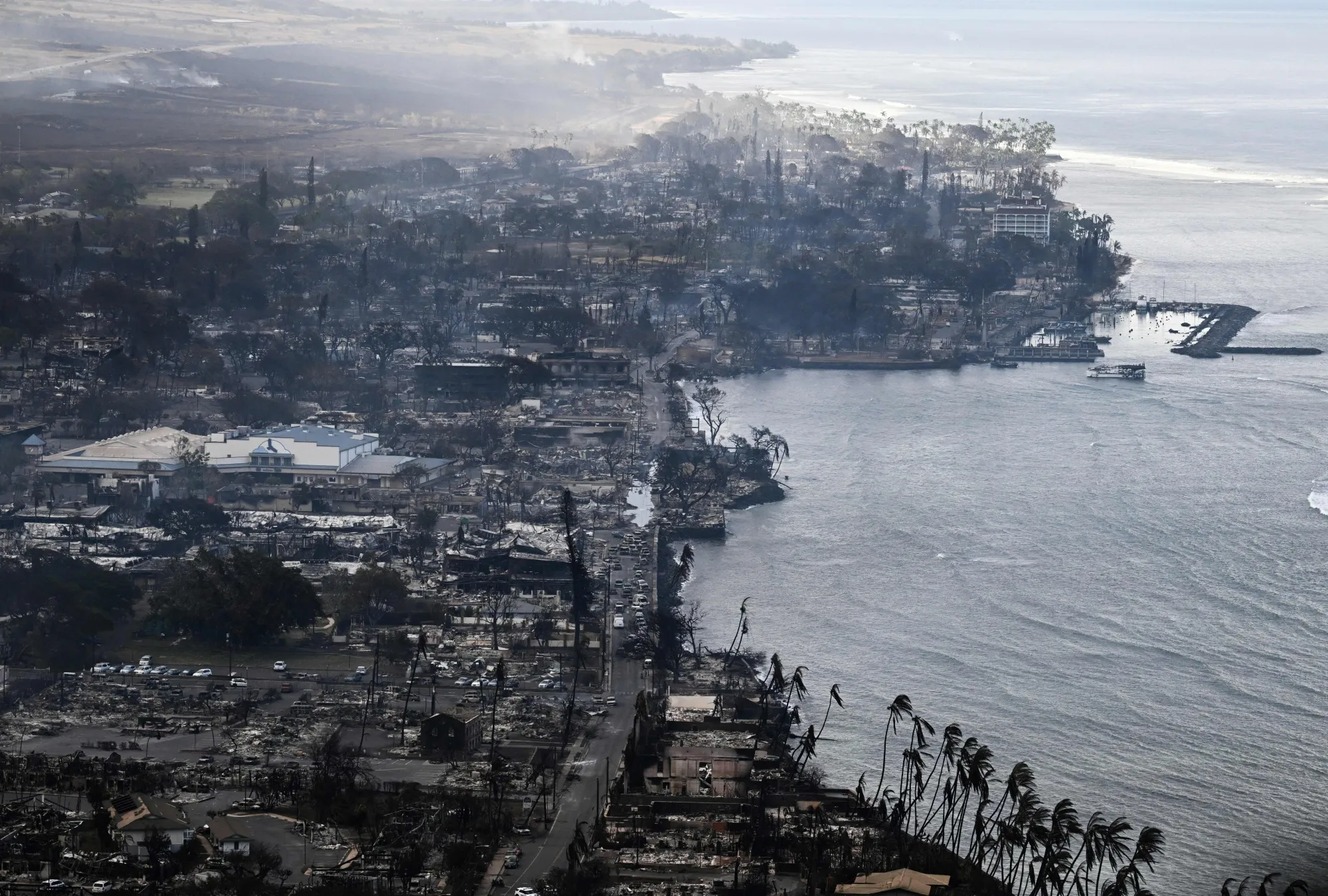 Destroyed homes and buildings following wildfire in Lahaina, Maui, Hawaii.