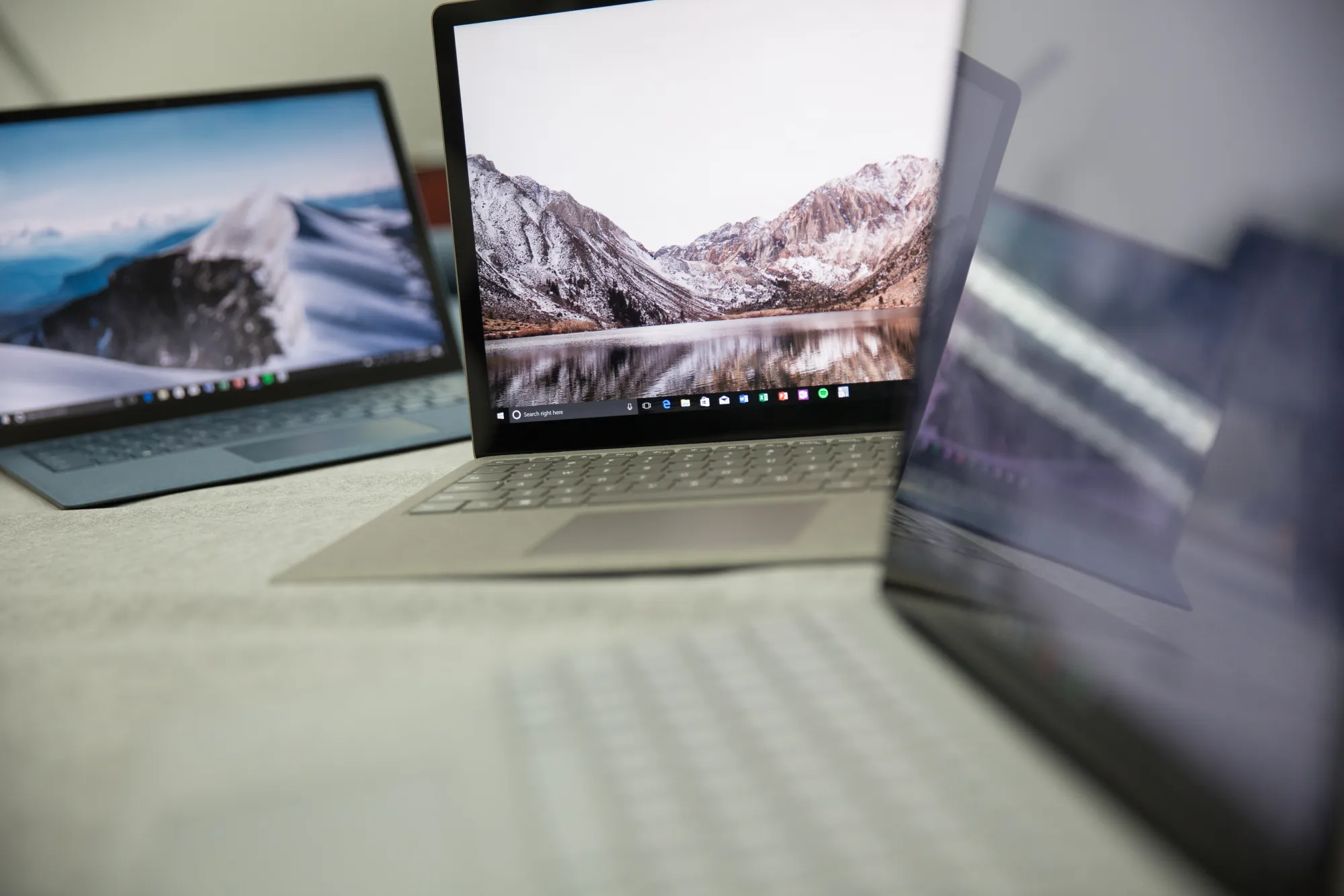 Microsoft Surface Laptop computers are displayed at the hardware lab&nbsp;in Redmond, Washington.