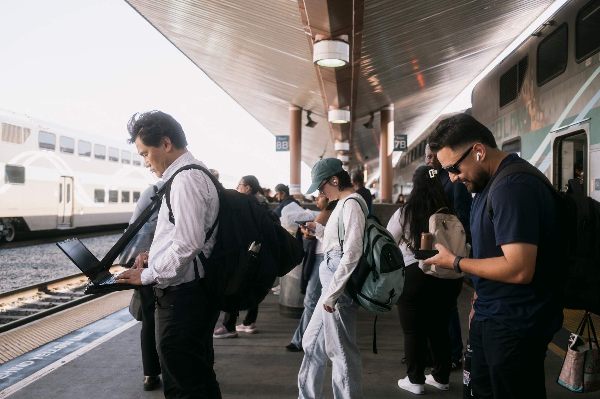 Commuters wait for a Metrolink train at Union Station during the evening commute in Los Angeles, California, US, on Wednesday, June 3, 2026.