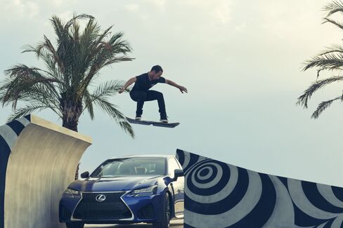 McGouran jumps a Lexus car with a hoverboard at the Barcelona skate park.