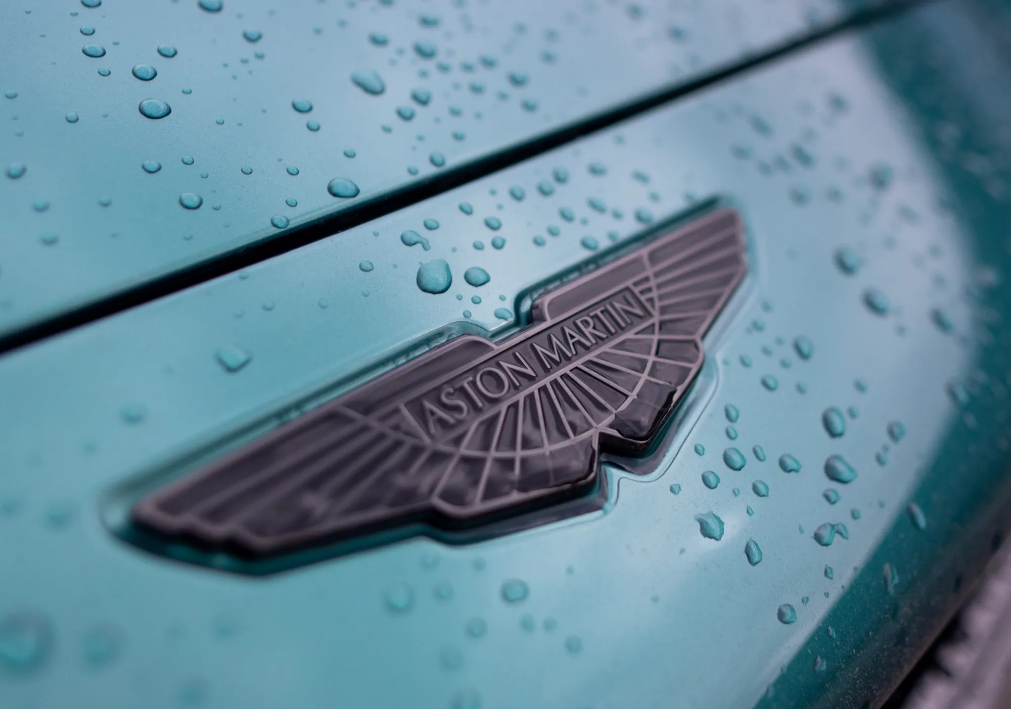 The badge on an Aston Martin DBX sport utility vehicle.