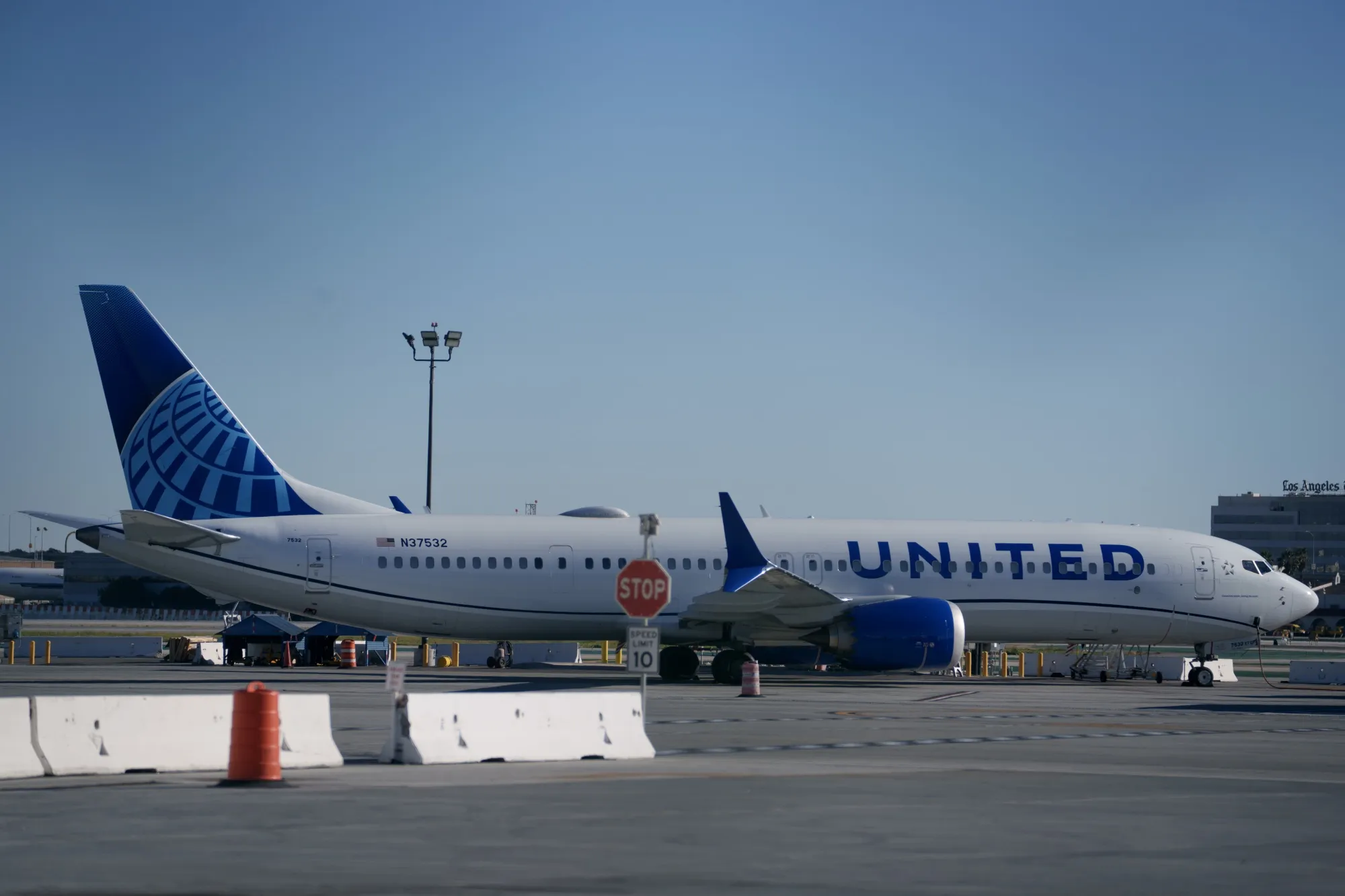 A United Airlines Boeing 737 Max-9 aircraft grounded at Los Angeles International Airport (LAX) in Los Angeles, California, on Monday, Jan. 8, 2024. 