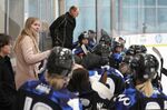 Minnesota Whitecaps coach Ronda Engelhardt talks with players on the bench during a hockey game against the Metropolitan Riveters in St. Paul, Minn., Saturday, Oct. 12, 2019. The Nashville Predators have hired their first female scout with Ronda Engelhardt as a North American amateur scout based out of Minnesota. The Predators announced a handful of changes on their hockey operations staff Wednesday, Sept. 14, 2022.  (Anthony Souffle/Star Tribune via AP)