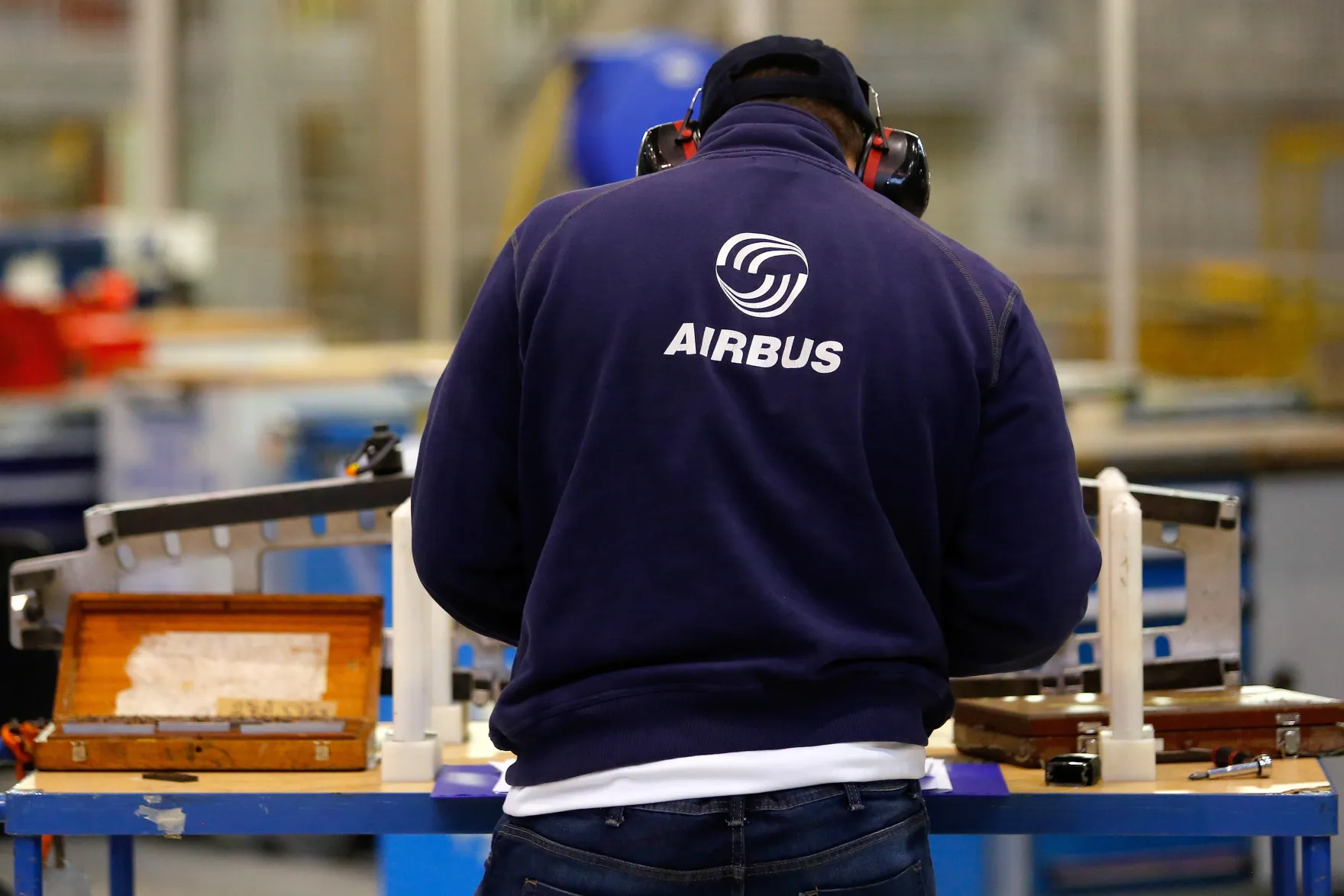 A worker in the A320/A330 wing assembly building at the Airbus Group NV assembly plant in Broughton, UK.