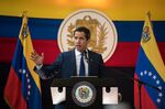Opposition leader Juan Guaido&nbsp;speaks during a news conference in Caracas
