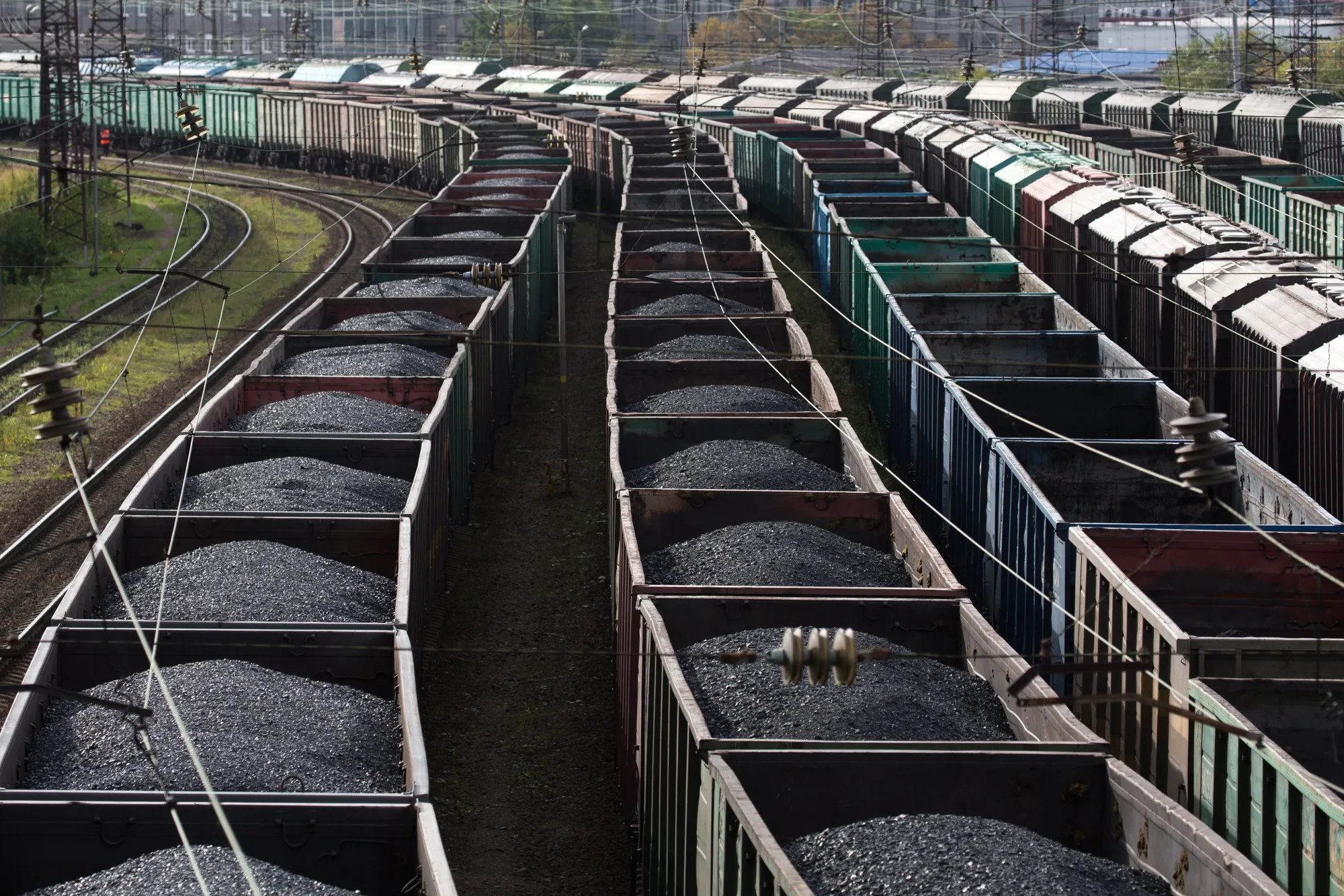Freight wagons filled with coal line the railways tracks at the Port of Murmansk in&nbsp;Russia.