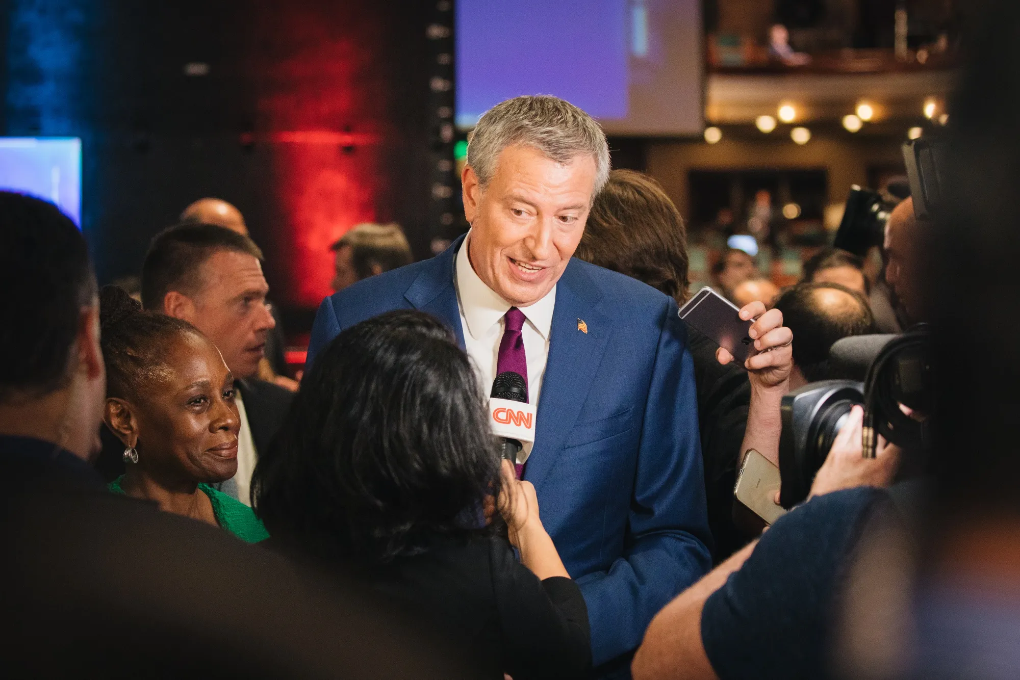 Bill de Blasio, mayor of New York City and 2020 presidential candidate, speaks to members of the media following the Democratic presidential candidate debate in Miami, Florida.