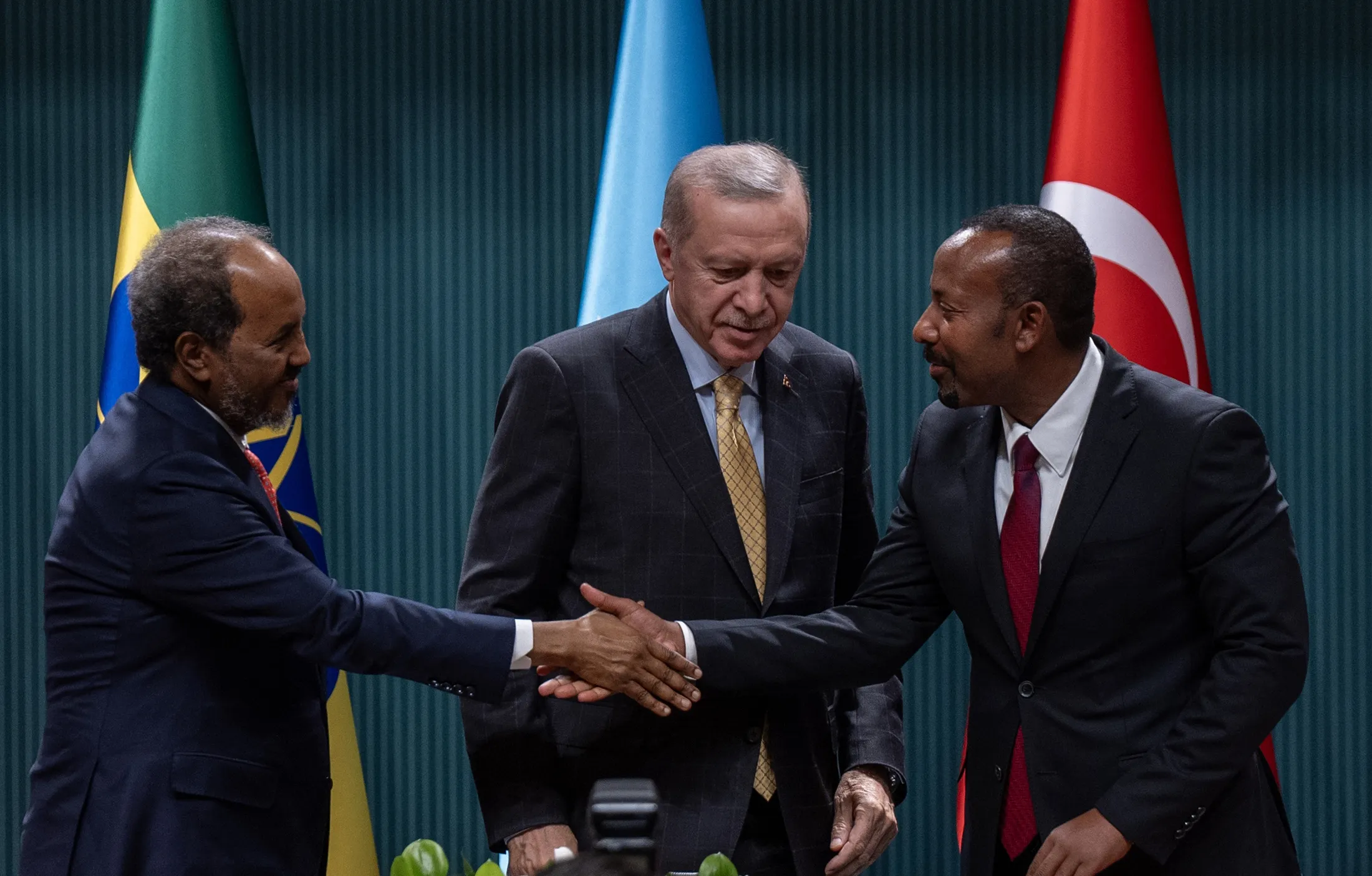 Recep Tayyip Erdogan, center, holds a joint press conference with Hassan Sheikh Mohamud, left,&nbsp;and&nbsp;Abiy Ahmed&nbsp;in Ankara, Turkey,&nbsp;on Dec.&nbsp;11, 2024.