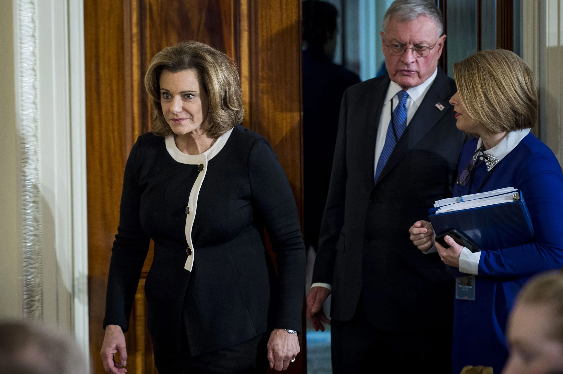 K.T. McFarland, left, at the White House on Feb. 15.
