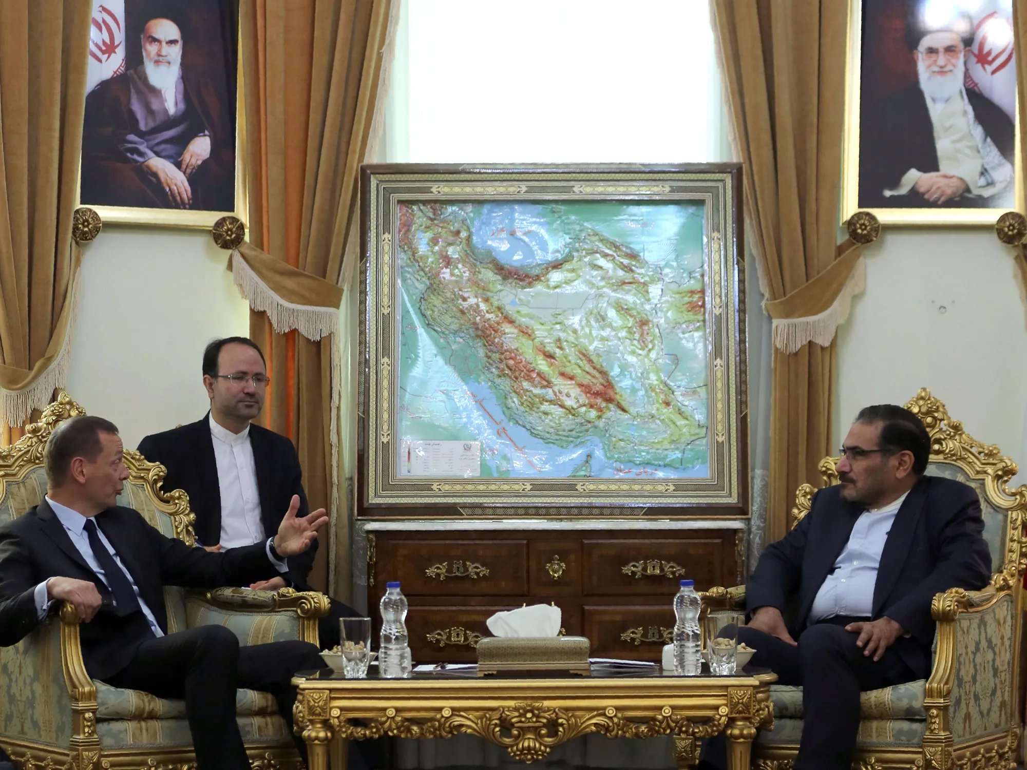 Ali Shamkhani, right, and Emmanuel Bonne in Tehran on July 10.
