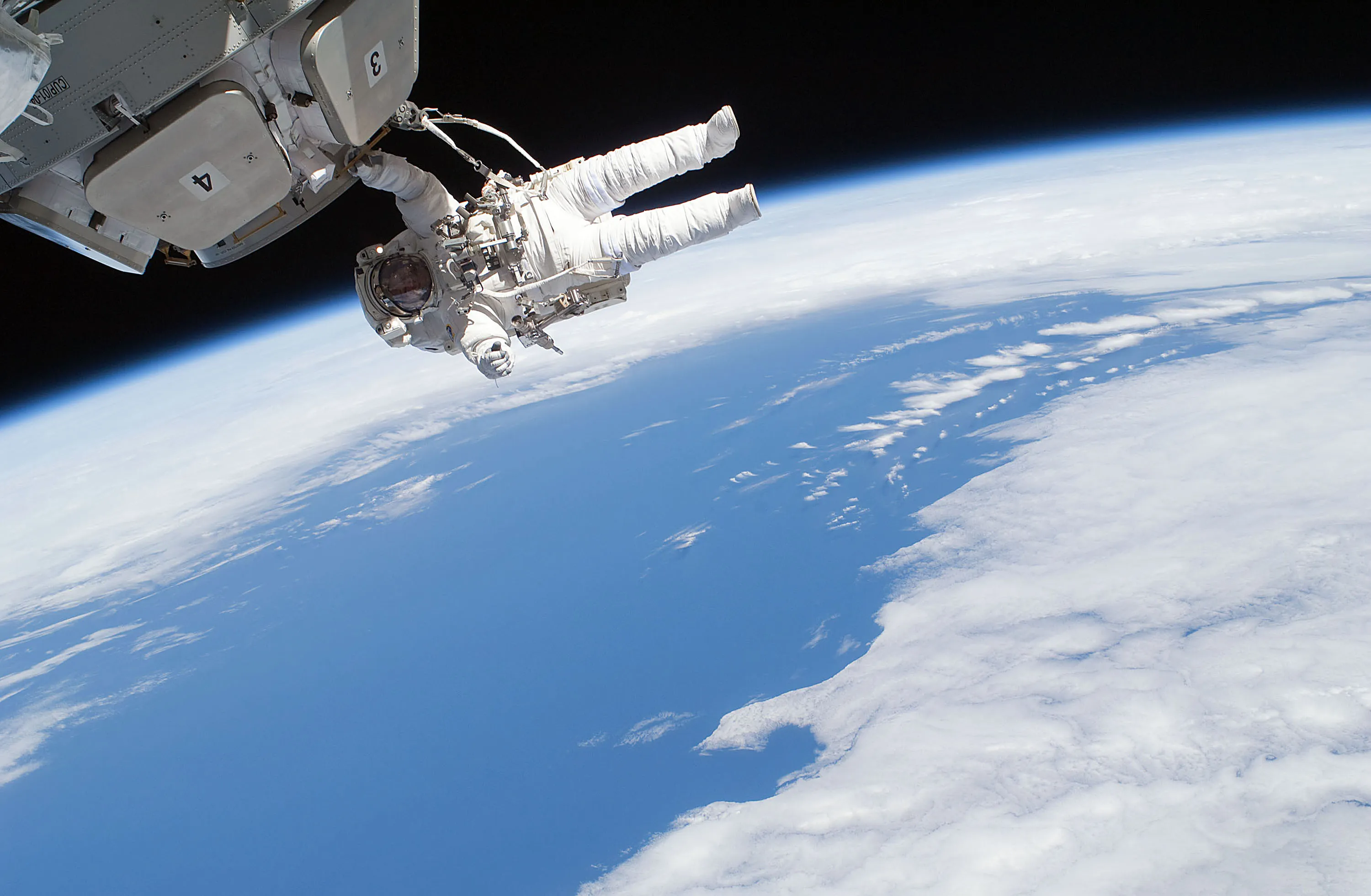 The current NASA spacesuit as seen from the International Space Station.
