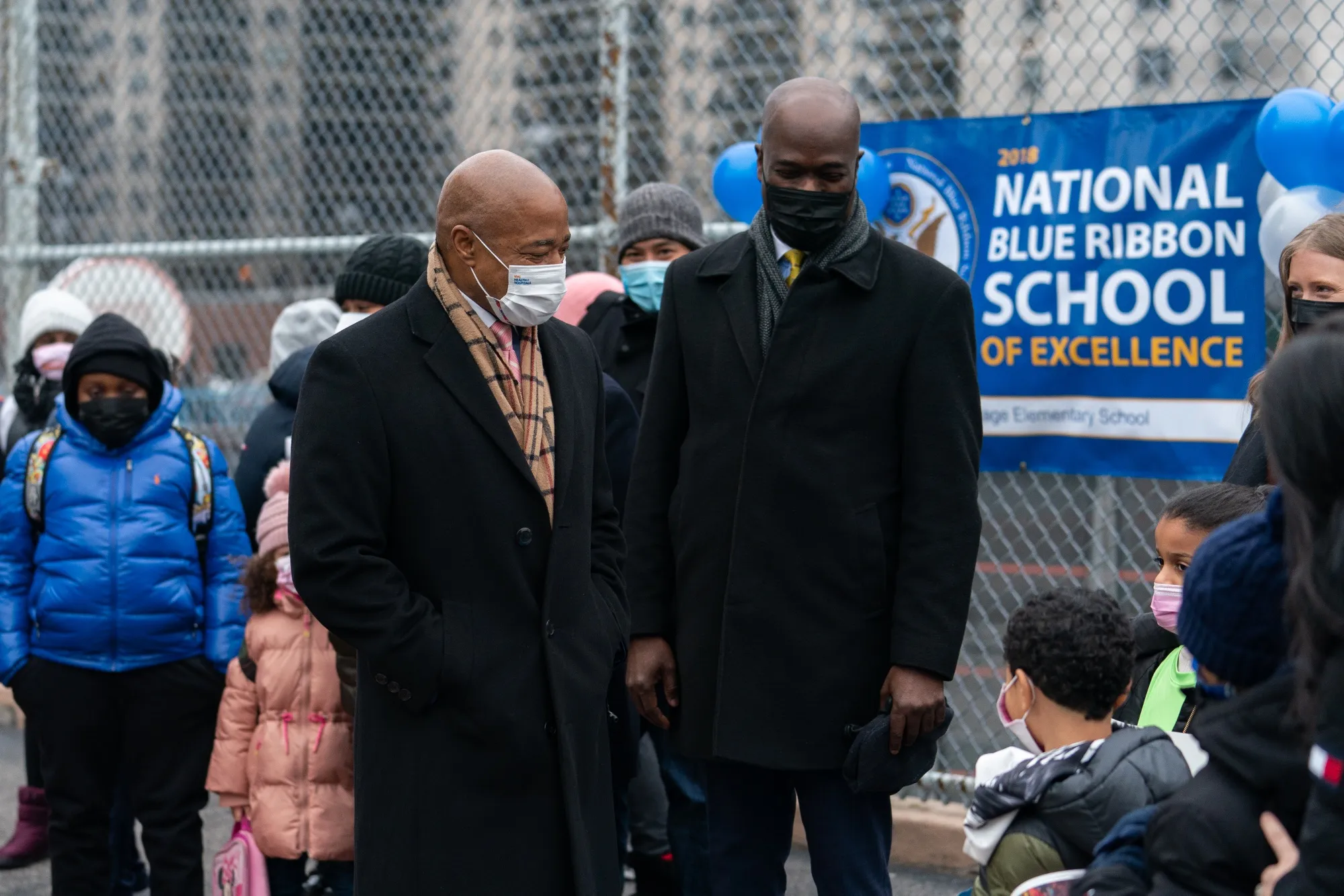 Mayor Eric Adams greets students at a public elementary school in the Bronx borough of New York.&nbsp;