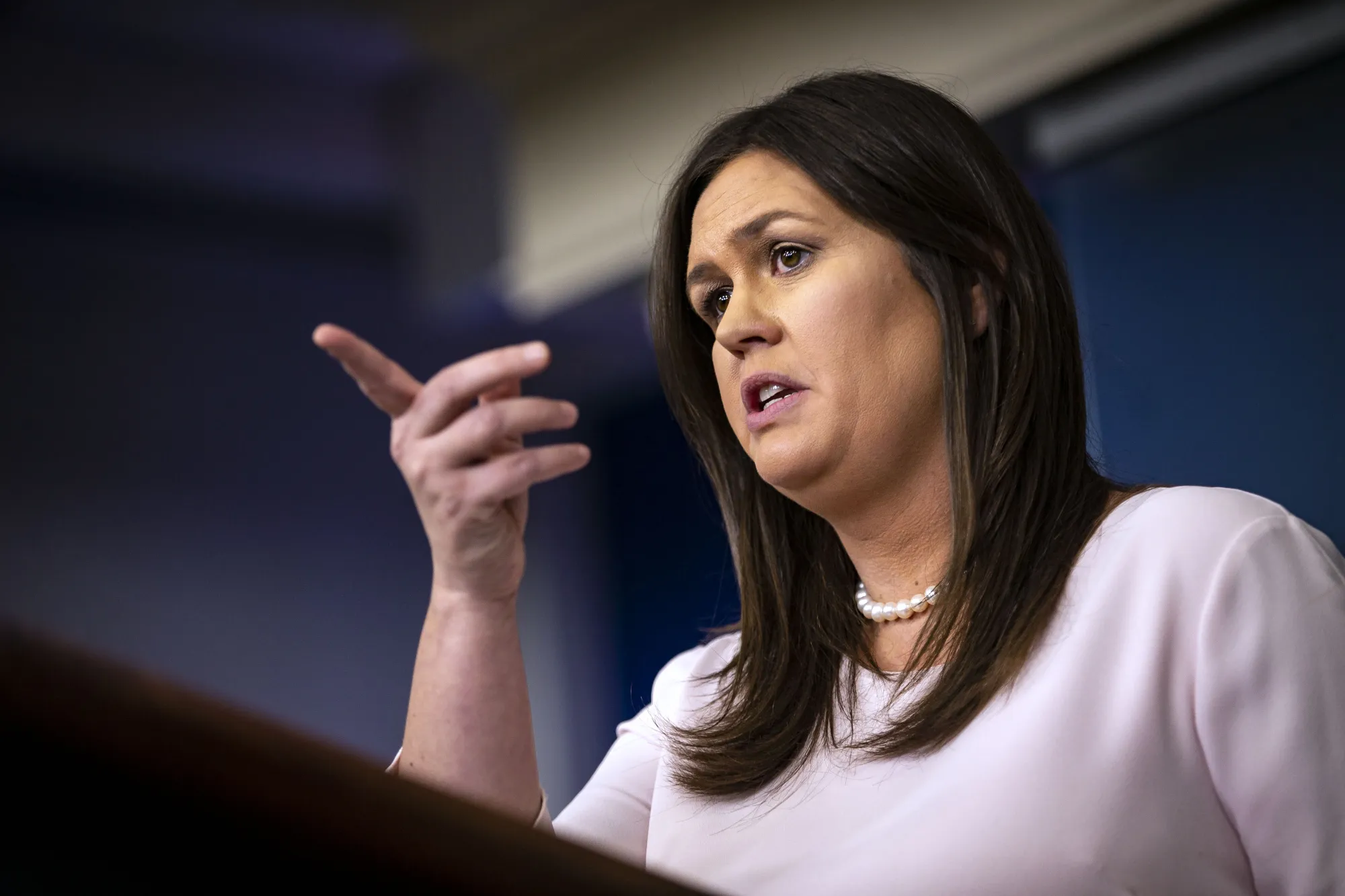 Sarah Huckabee Sanders speaks at the White House in 2018.