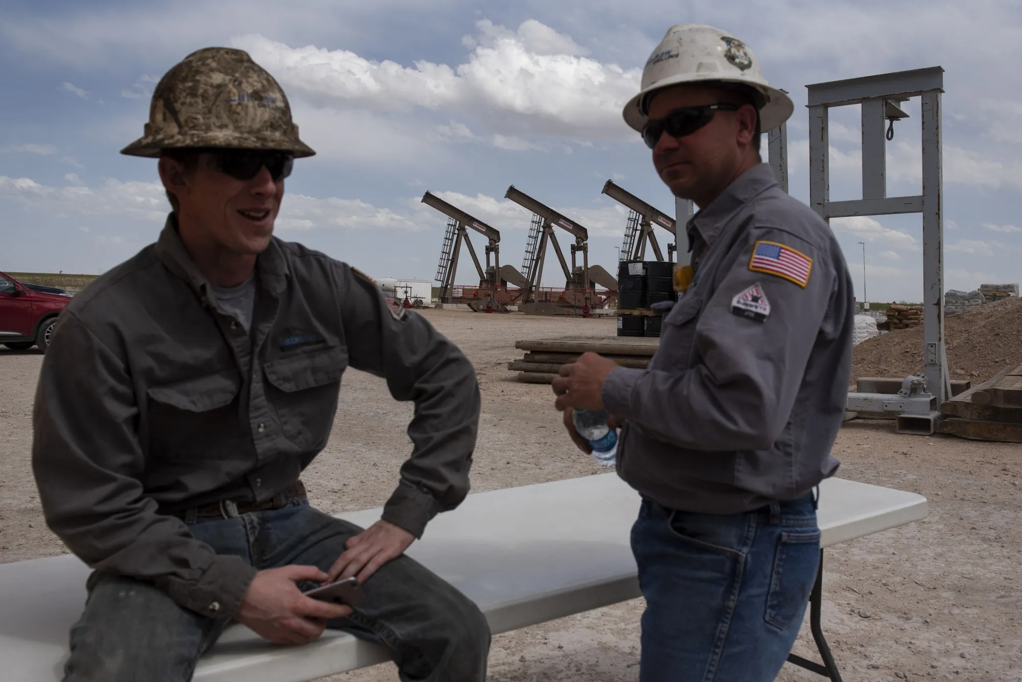 Employees at a Diamondback oil rig in Midland, Texas.