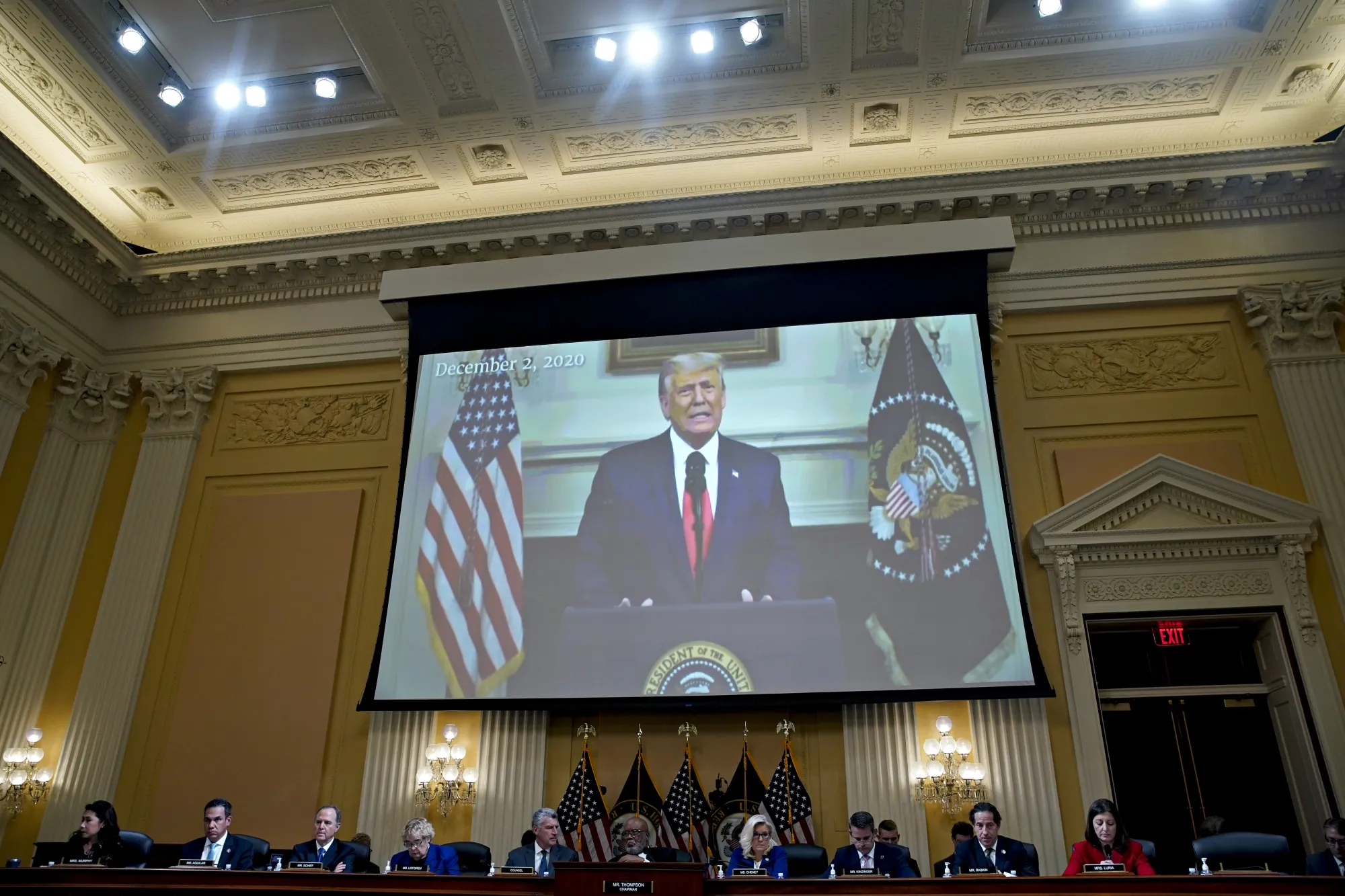 A video of former US President Donald Trump is played on a screen during a hearing of the Select Committee to Investigate the January 6th Attack on the US Capitol in Washington, DC, US, on Oct. 13.