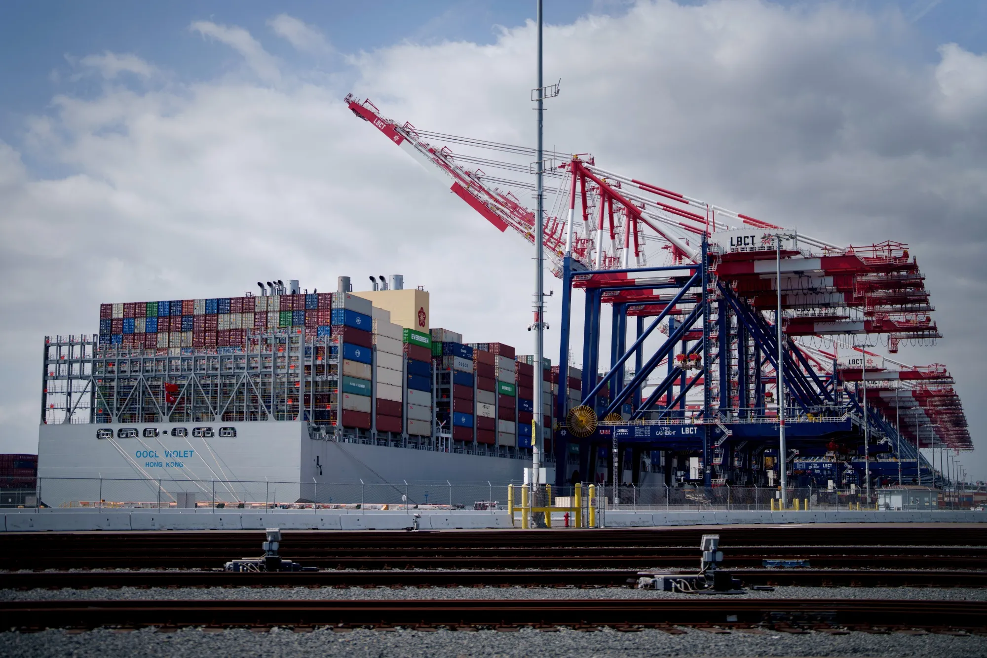 The OOCL Violet container ship docked at the Port of Long Beach in Long Beach, California in April.&nbsp;