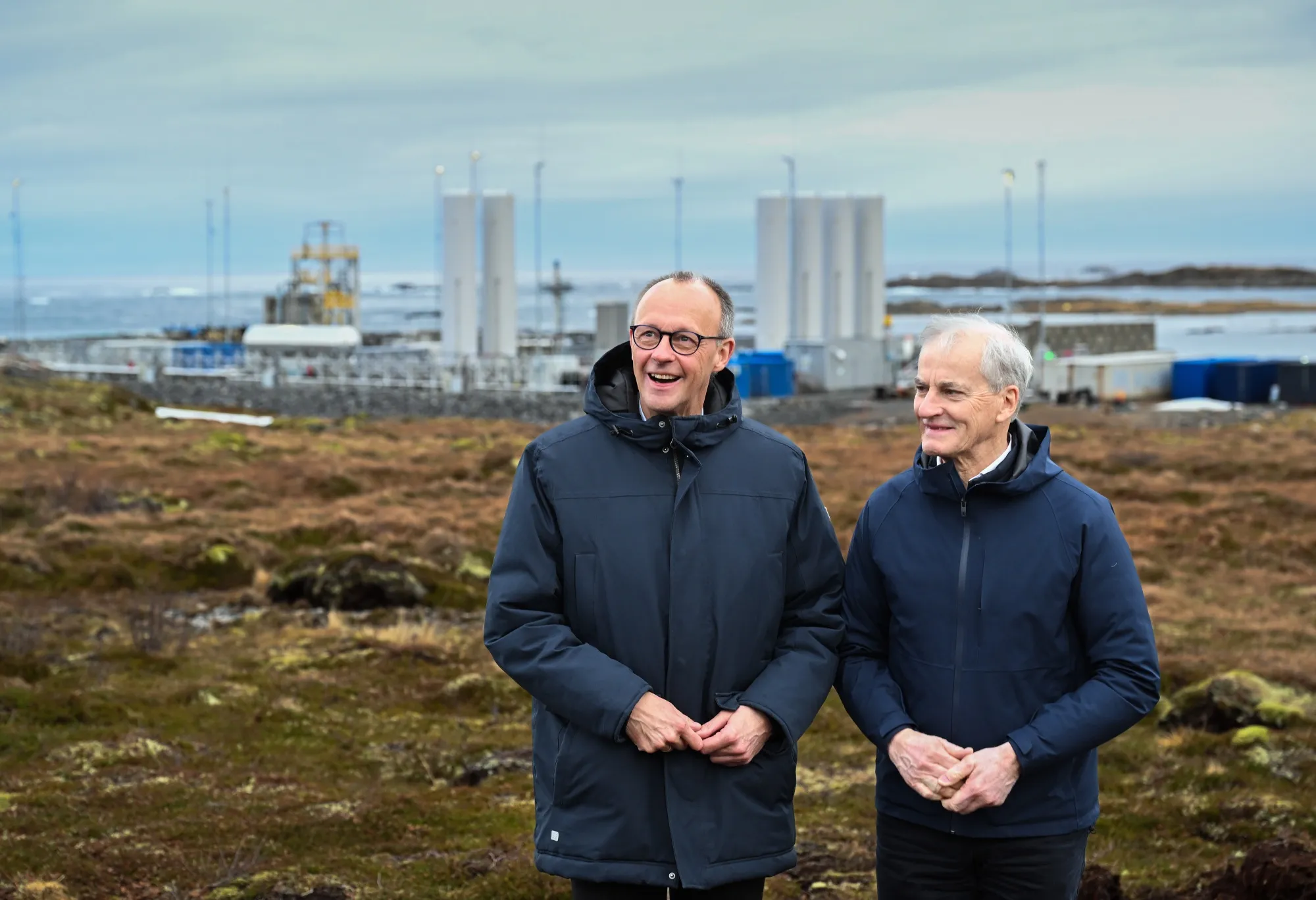 Friedrich Merz, left, and Jonas Gahr Støre at Andøya Spaceport in northern Norway.