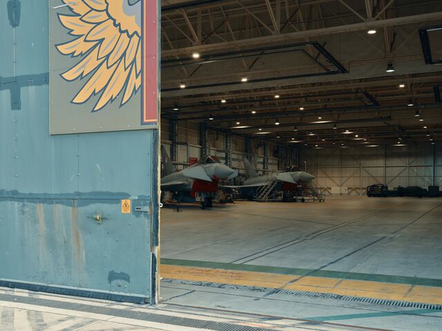 RAF Typhoon fighter aircraft from No. 1 Squadron inside a hangar at Lossiemouth. 