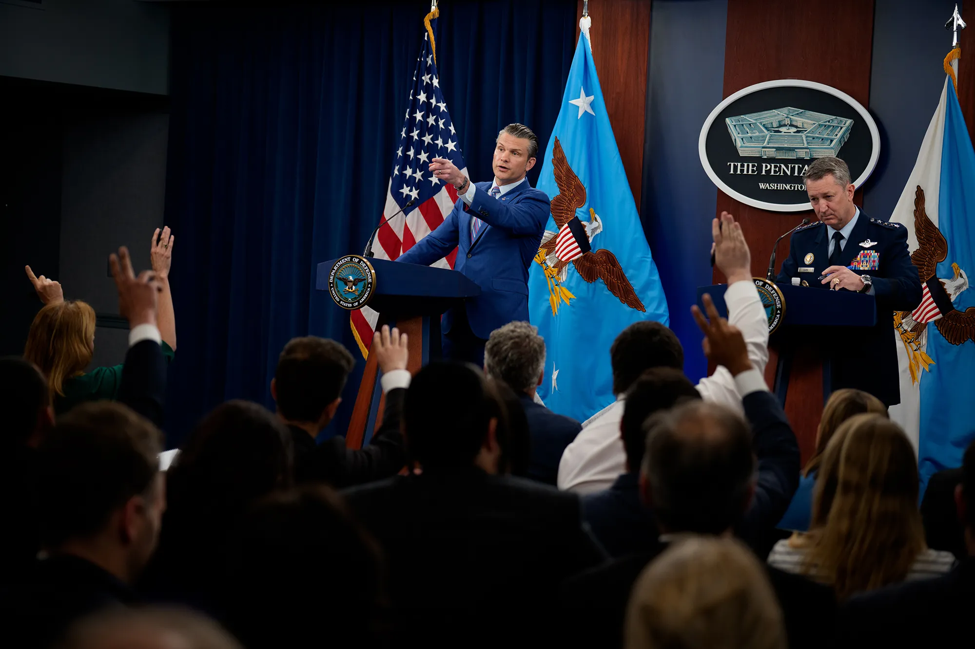 US&nbsp;Defense Secretary Pete Hegseth takes a question from a reporter during a news conference at the Pentagon in Arlington, Virginia on June 26.