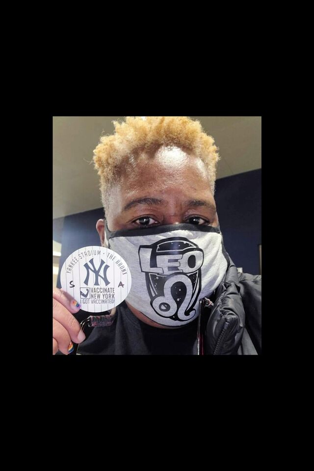 Pictured: Stewart's selfie, post-vaccination at Yankee Stadium in the Bronx. Courtesy of Adrienne Stewart