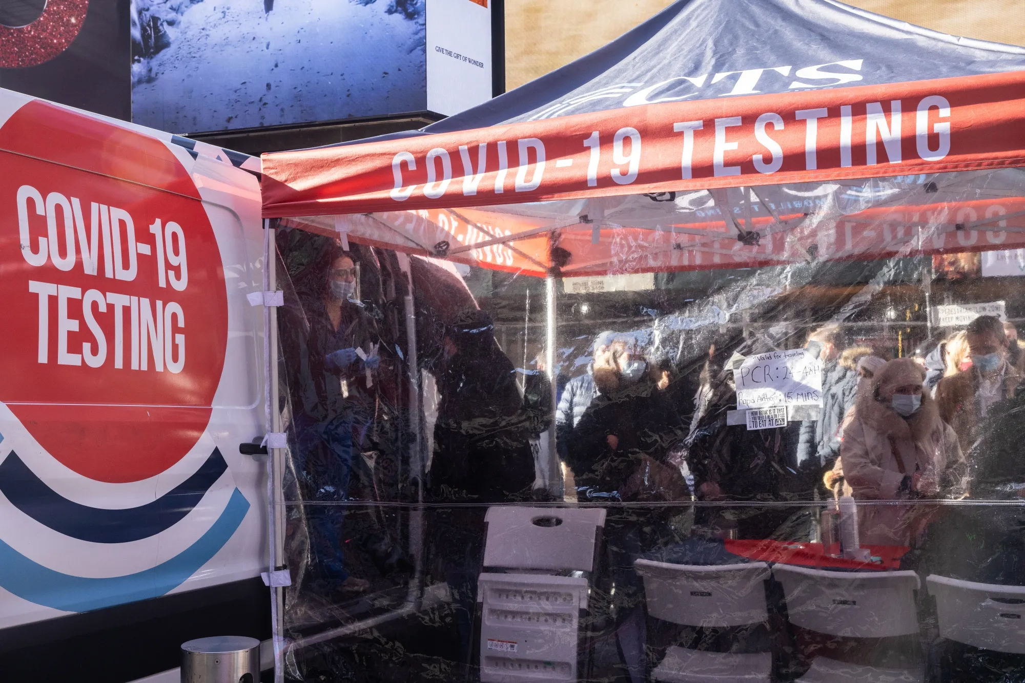 A mobile testing site in Times Square as the omicron variant threatens a higher Covid case count.