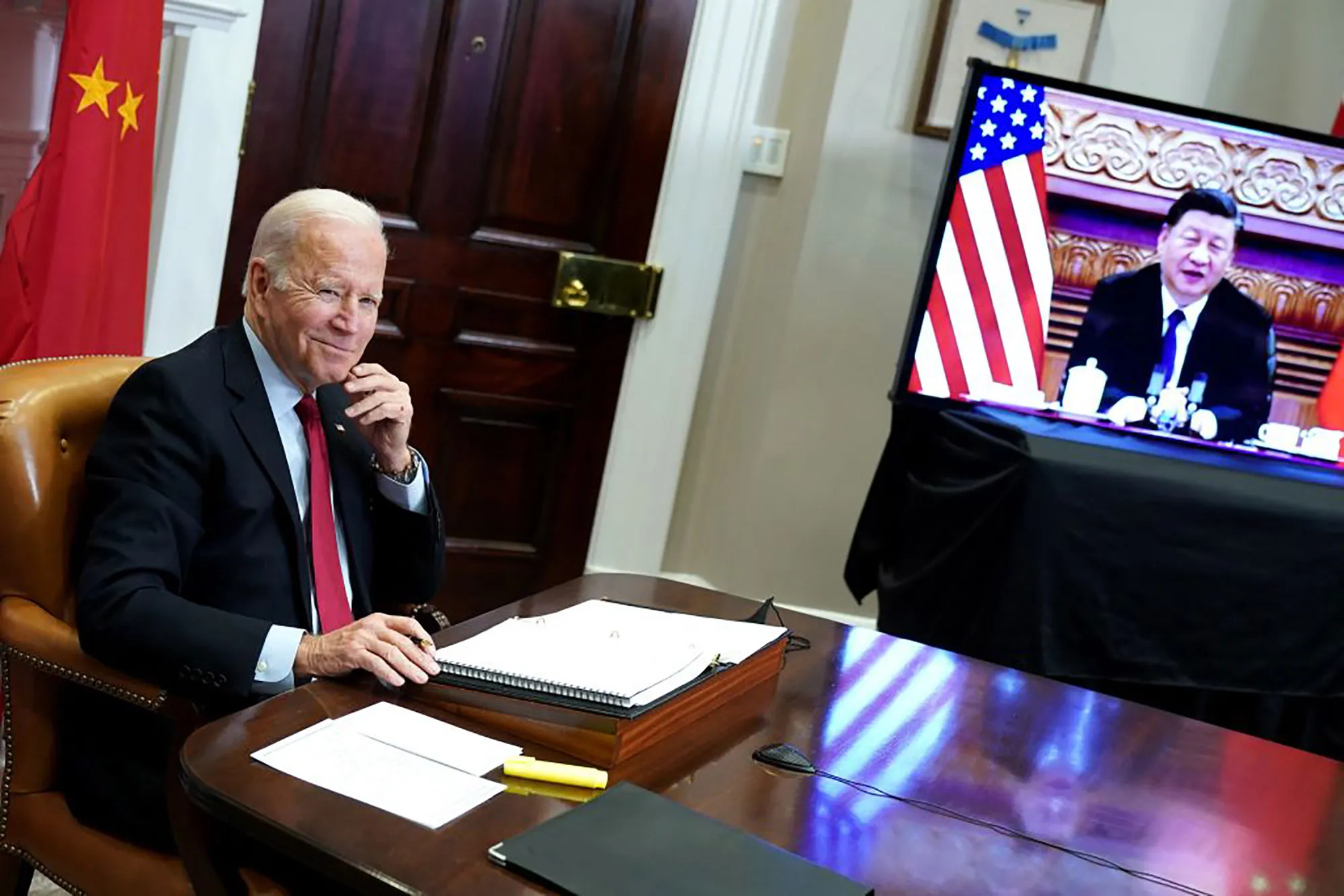 Joe Biden meets with Xi Jinping during a virtual summit from the Roosevelt Room, in 2021.&nbsp;