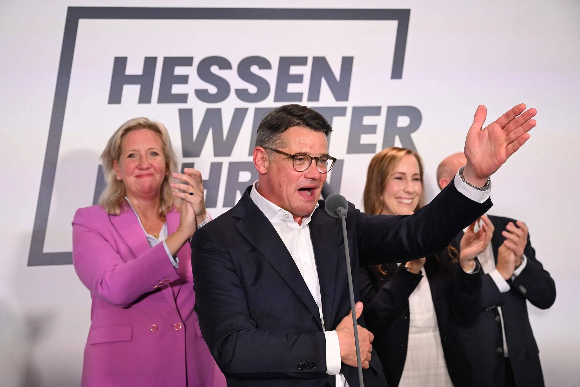 Hessen's State Premier and top candidate of the conservative Christian Democratic Union (CDU) party Boris Rhein delivers a speech at the State Parliament of Hessen in Wiesbaden, western Germany,&nbsp;on Oct.&nbsp;8.