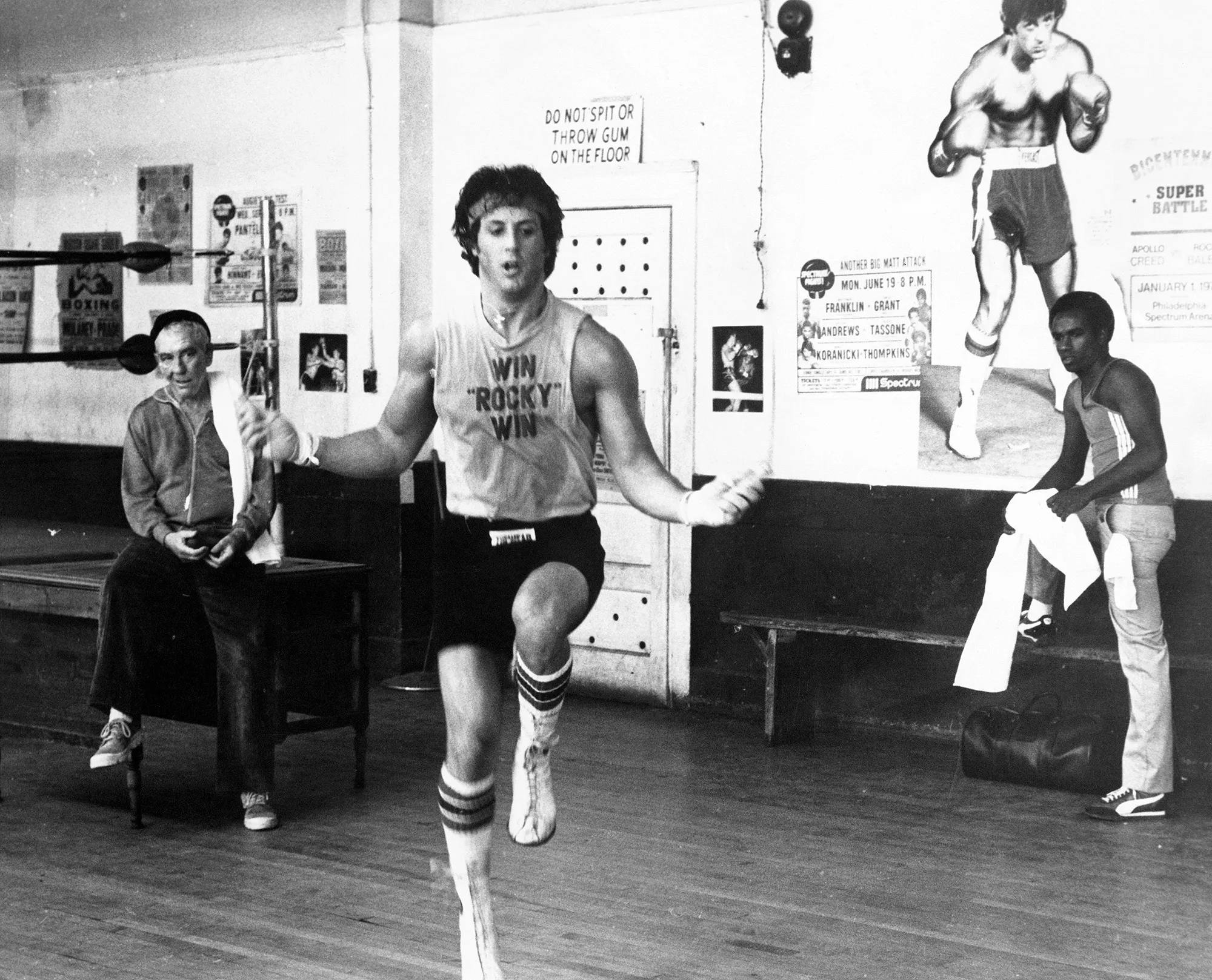 Sylvester Stallone jumps rope in Rocky II.