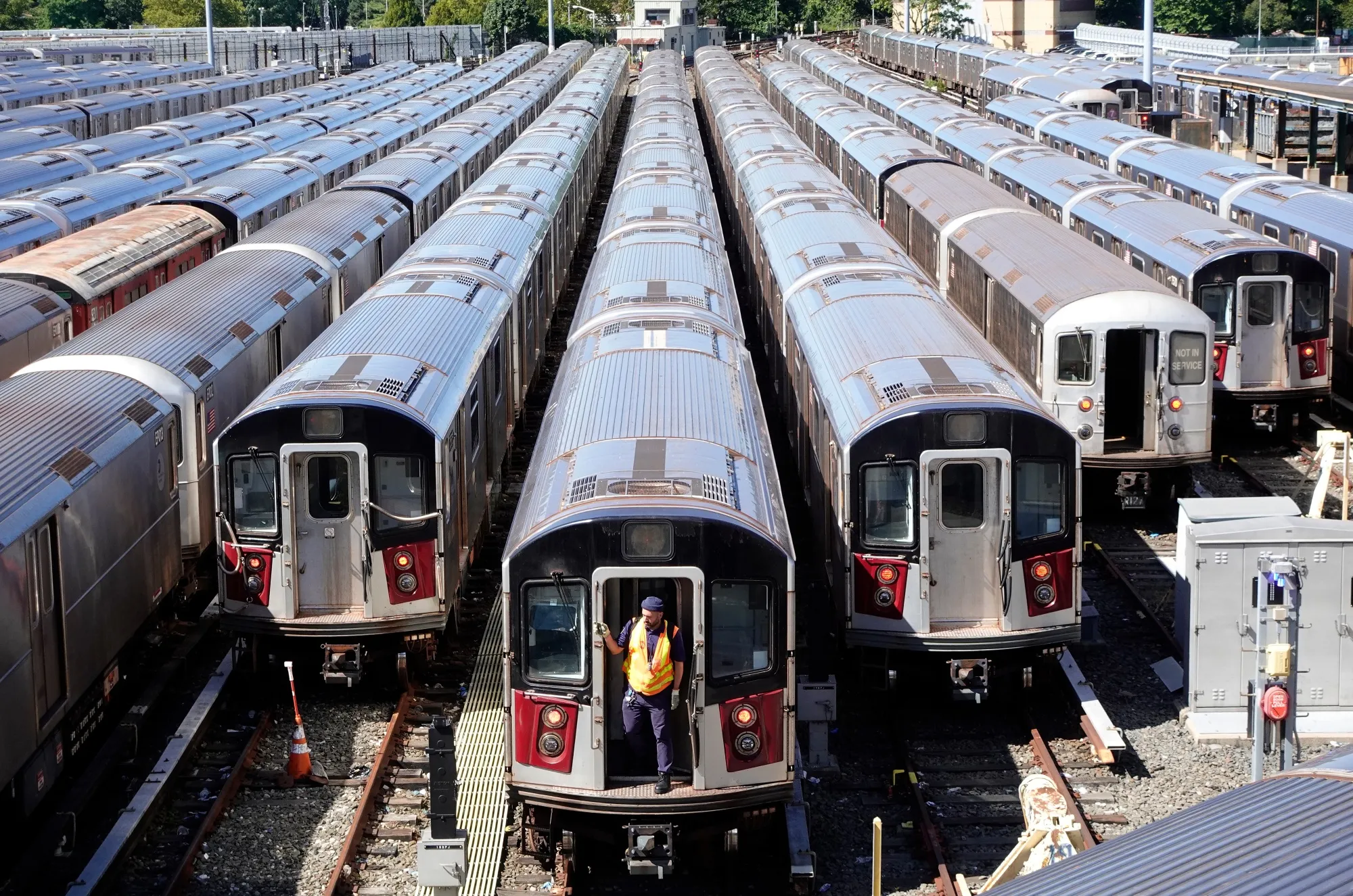 Subway trains lined up at the MTA Transit Yard in Flushing, Queens in New York City.&nbsp;