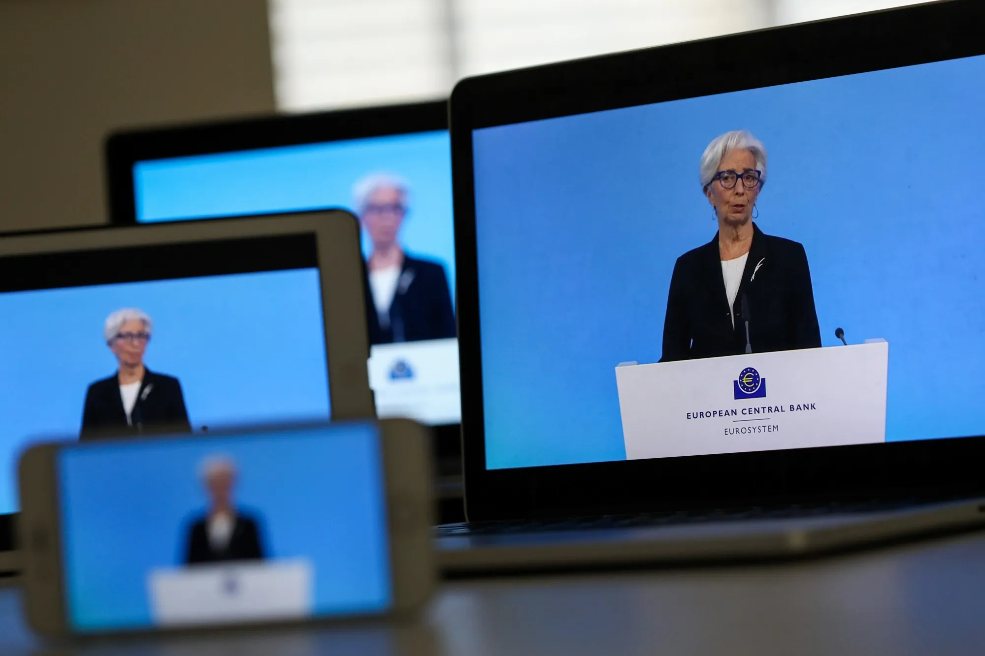 Christine Lagarde speaks during the live stream of a&nbsp;news conference in Frankfurt.