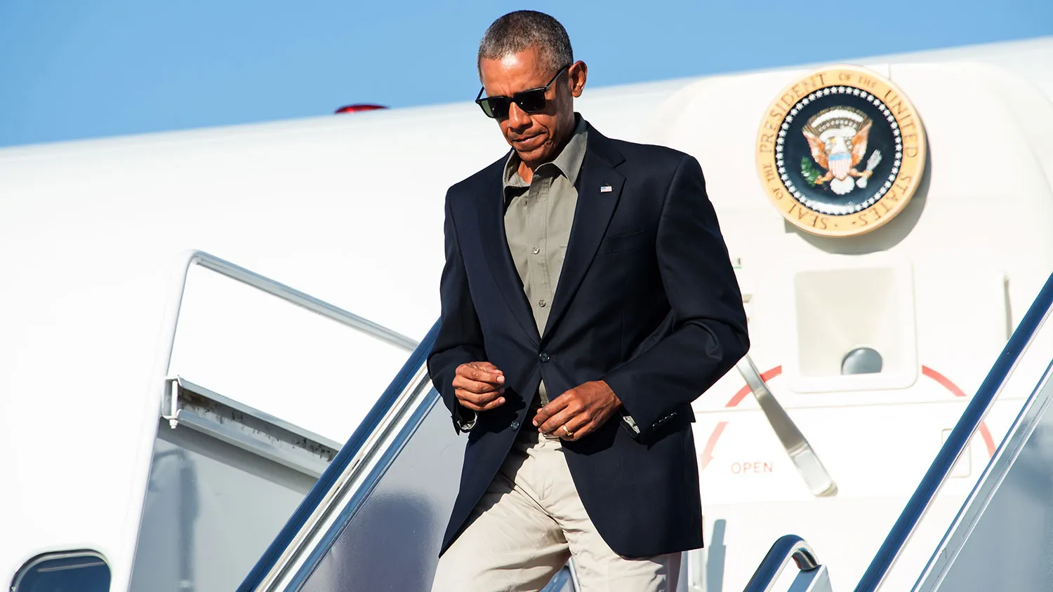 President Barack Obama steps off Air Force One at Andrews Air Force Base in Maryland on Aug. 23, 2016.
