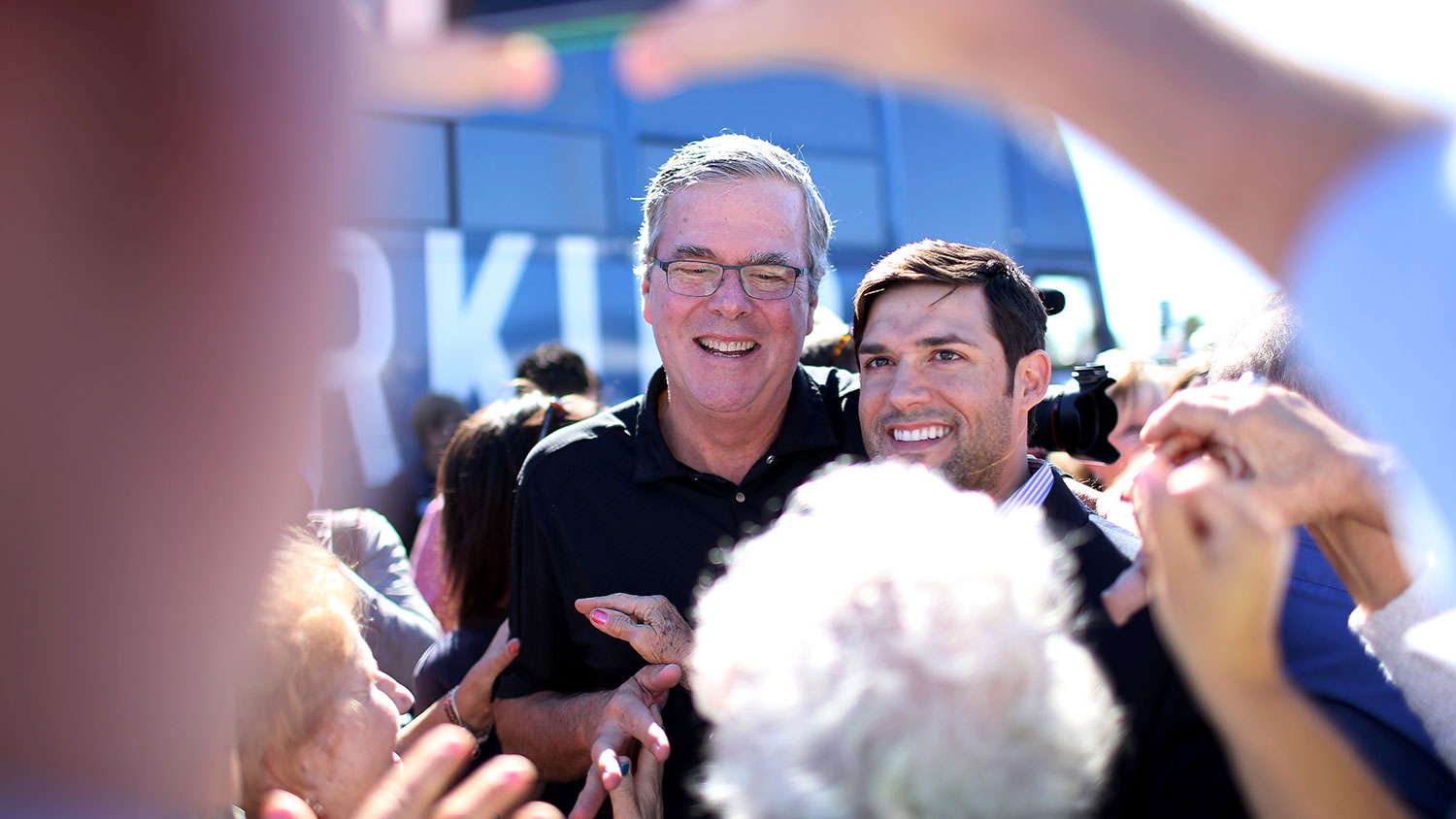 Former Florida Governor Jeb Bush campaigns with Florida Governor Rick Scott during a stop at Milander Park on November 2, 2014 in Hialeah, Florida.
